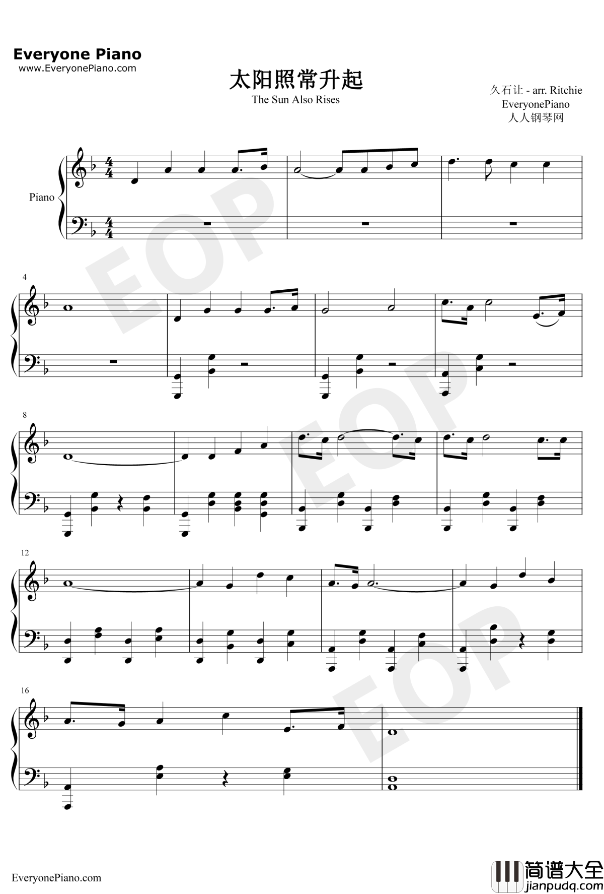 太阳照常升起钢琴谱_久石让Joe_Hisaishi_让子弹飞配乐