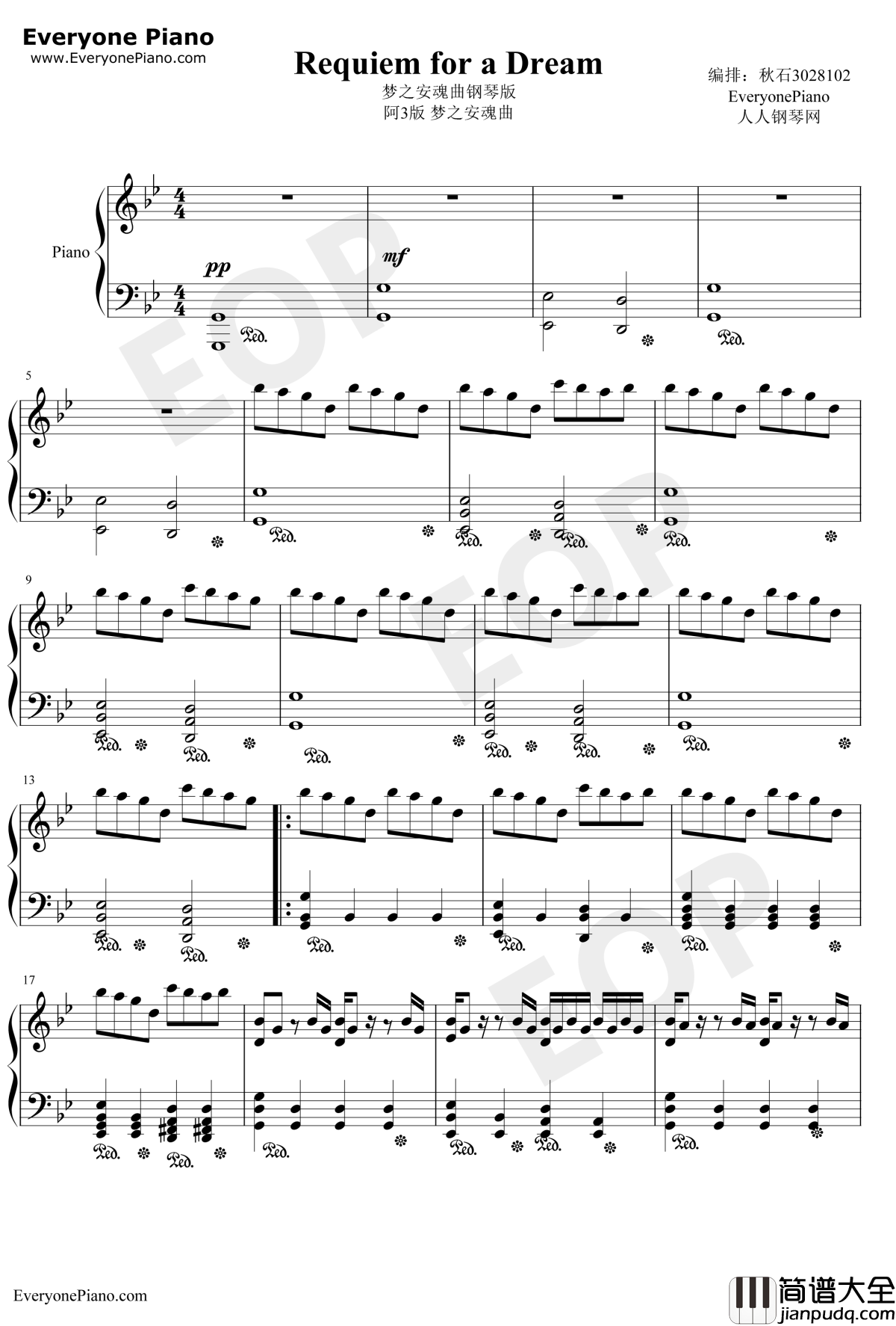 梦之安魂曲钢琴谱_Clint_Mansell