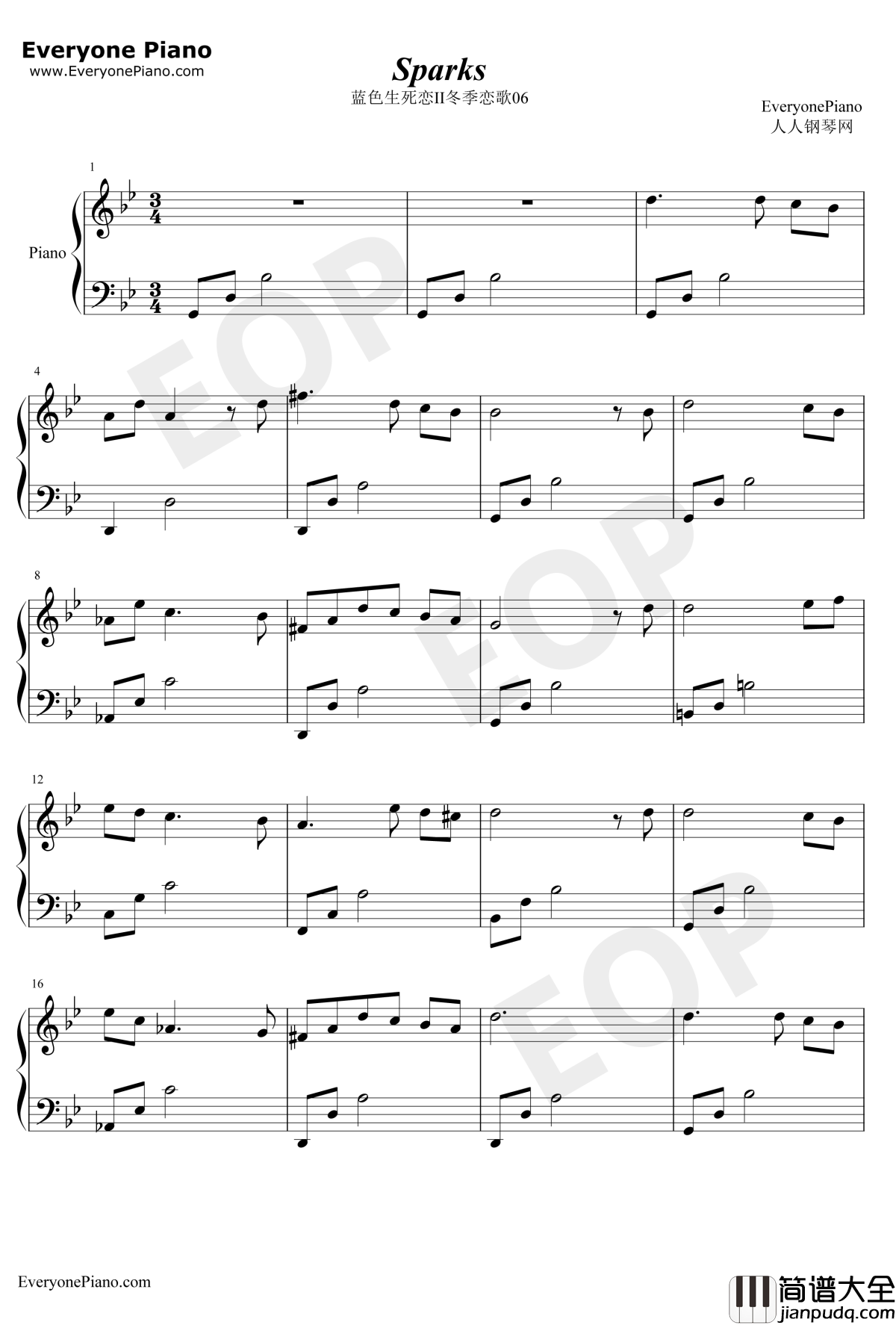 Sparks钢琴谱_未知_蓝色生死恋之冬季恋歌