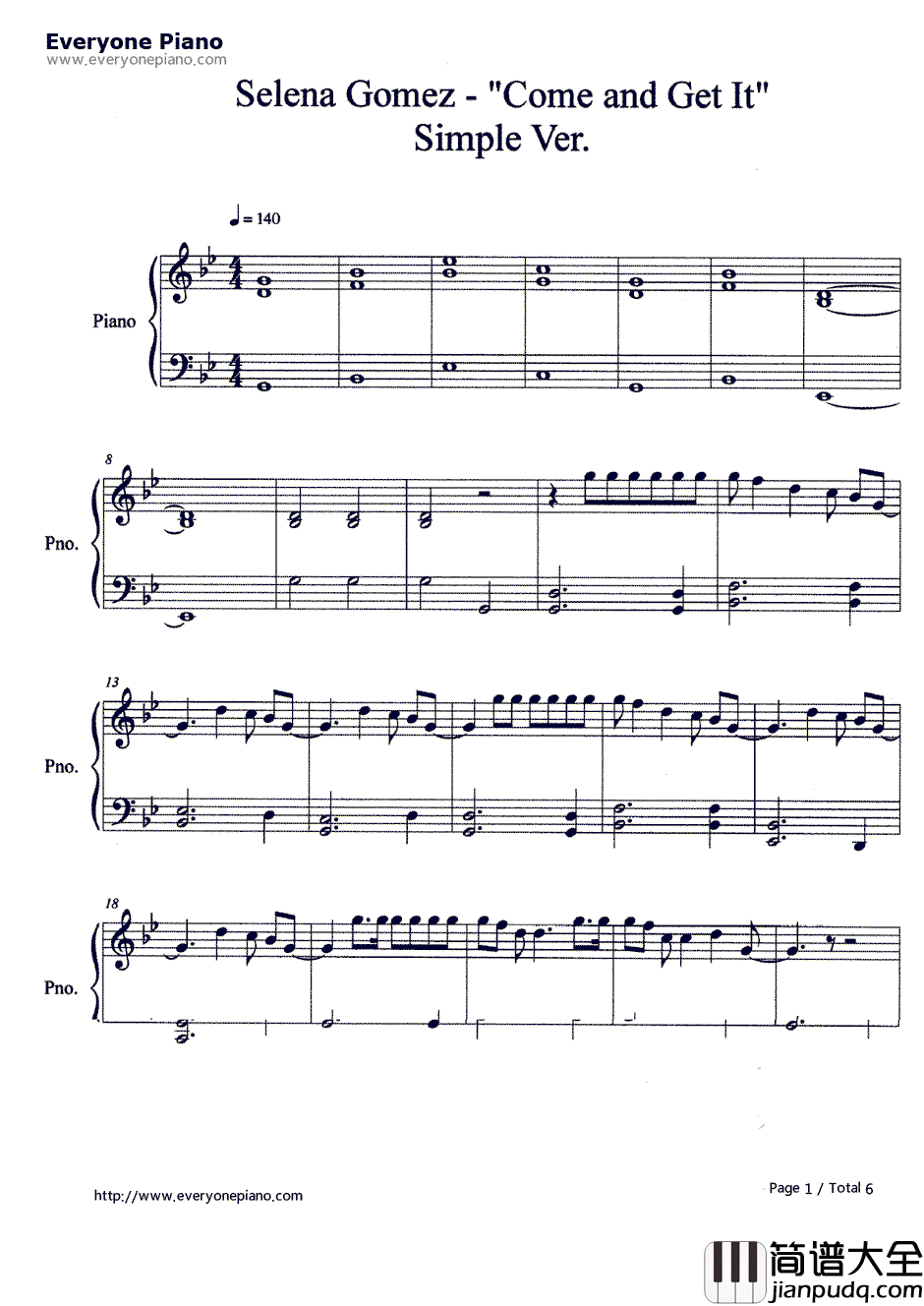 Come_and_GetIt钢琴谱_SelenaGomez_青春偶像SelenaGomez