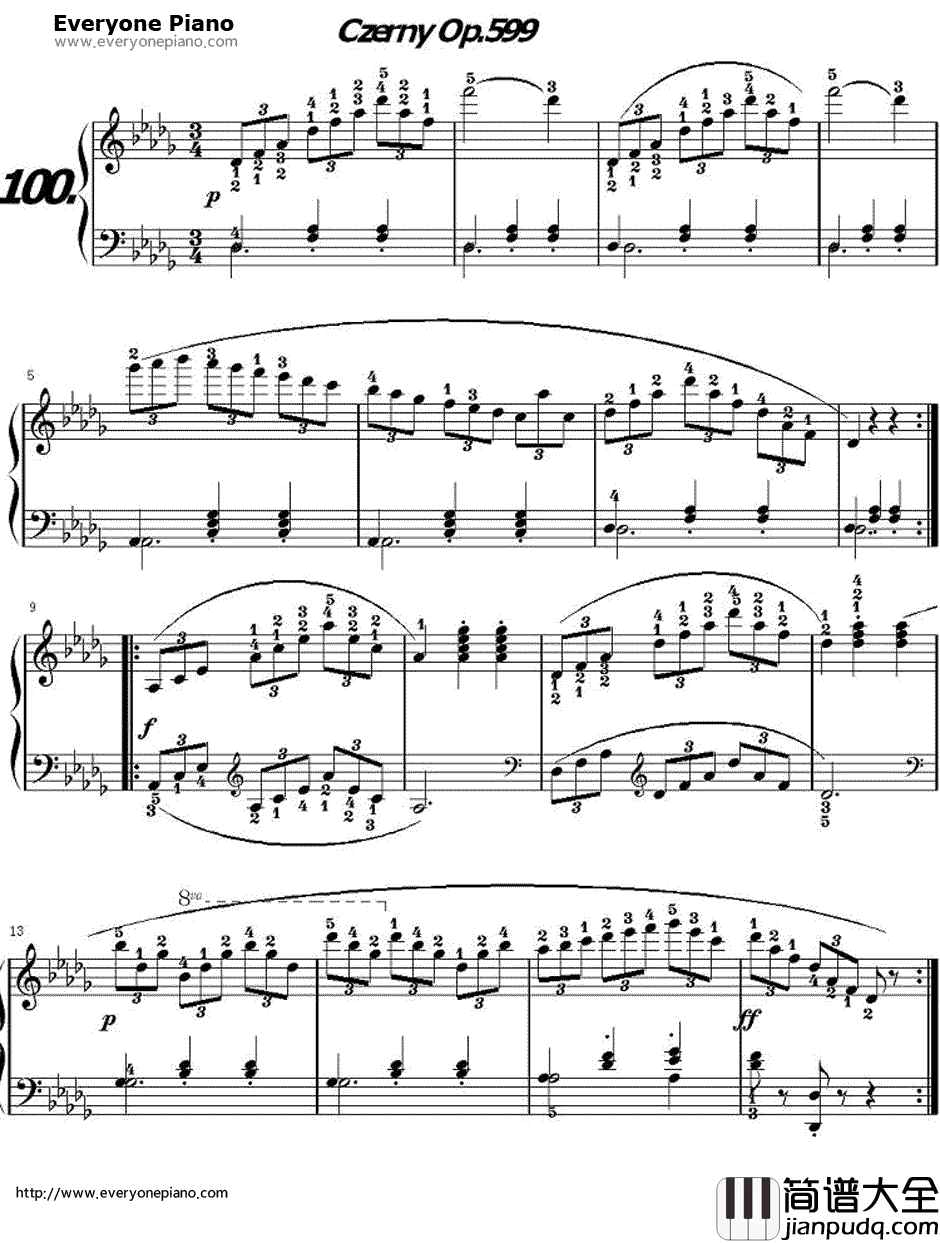 _车尔尼练习曲_OP.599之100钢琴谱_车尔尼