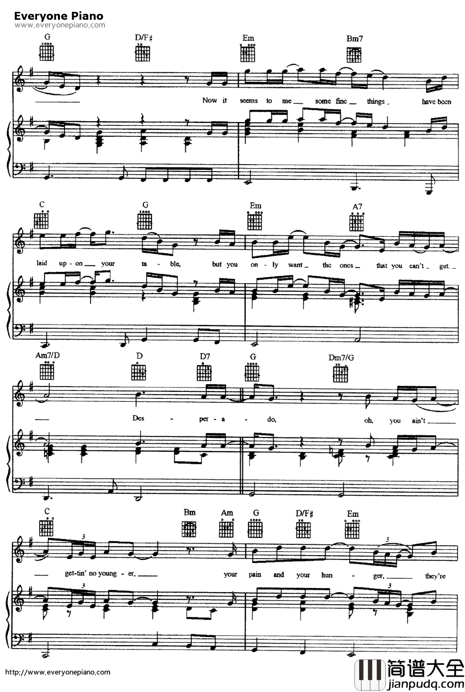 Desperado钢琴谱_老鹰乐队_亡命之徒