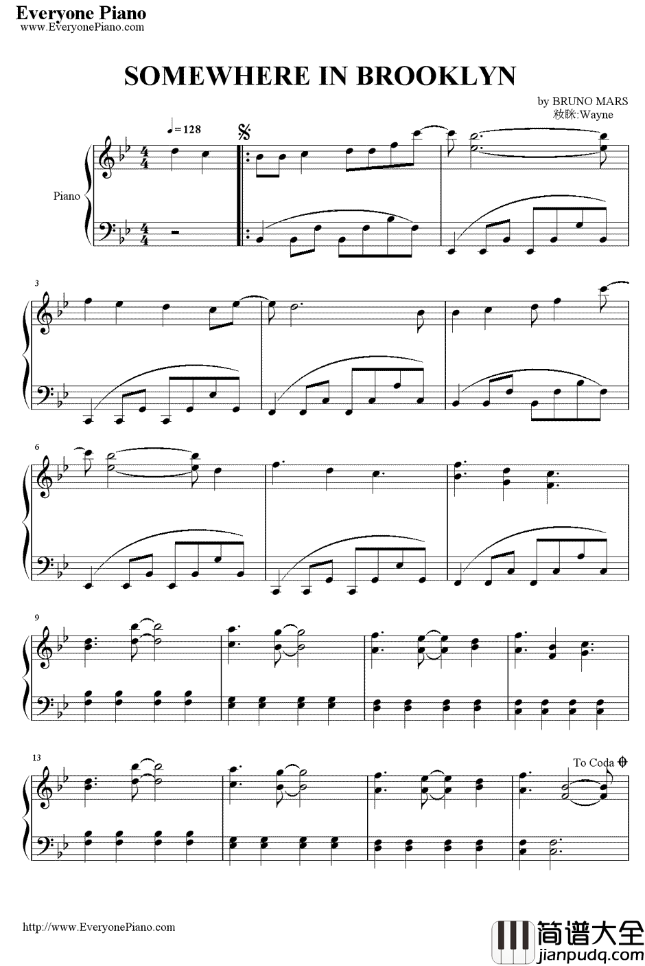 Somewhere_In_Brooklyn钢琴谱_Bruno_Mars