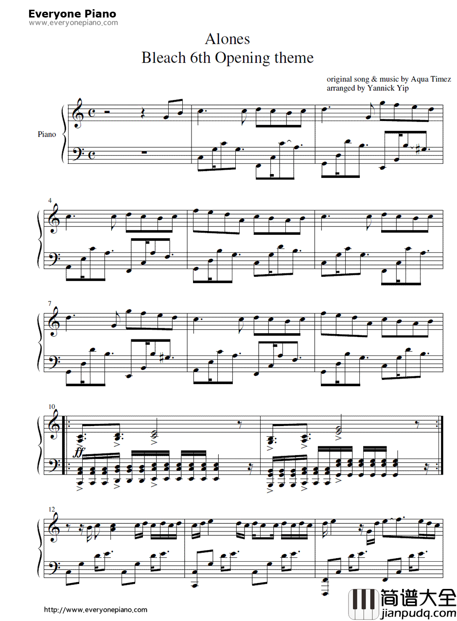 ALONES钢琴谱_Aqua_Timez__死神_OP6