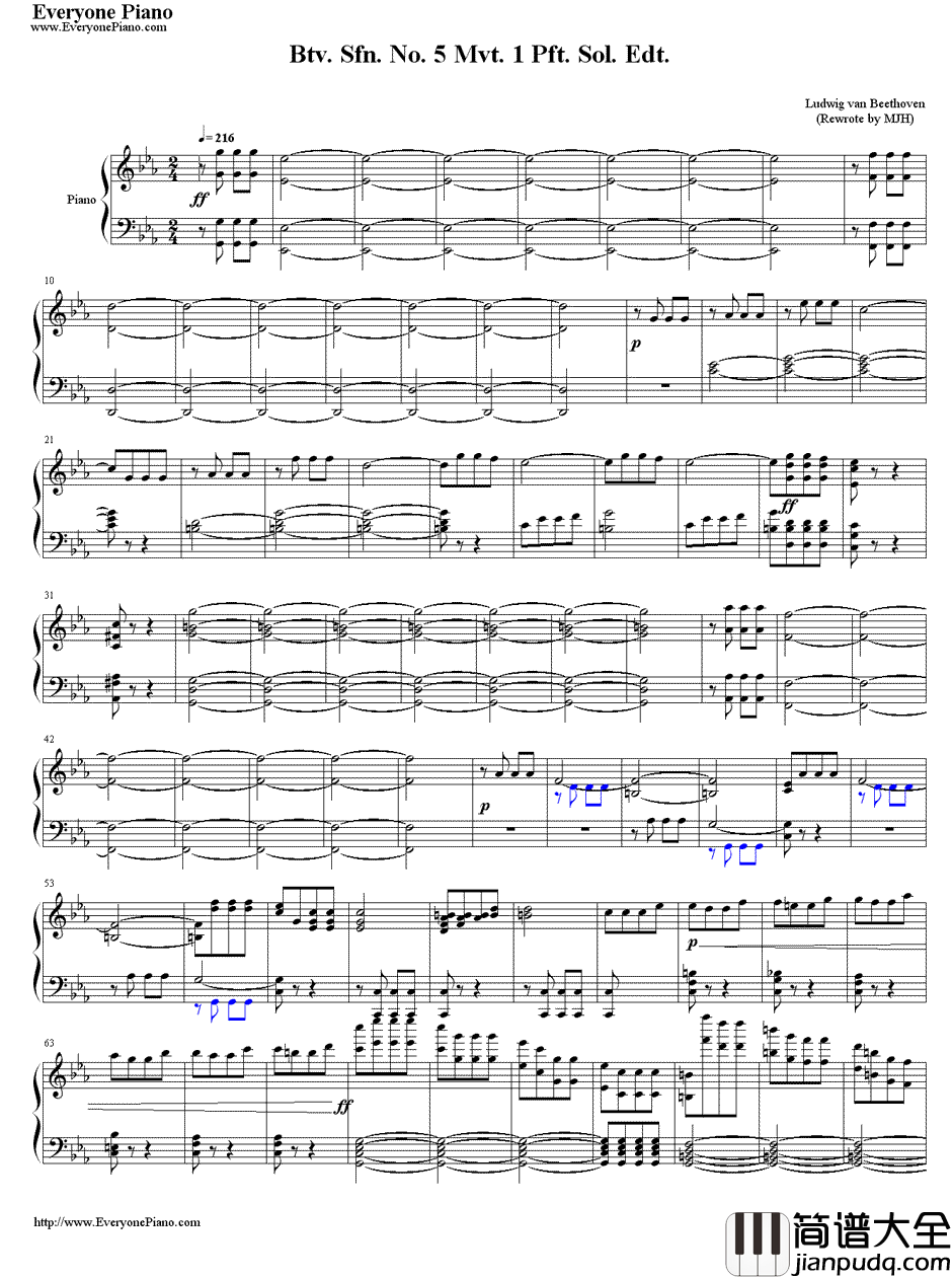 命运交响曲第一乐章钢琴谱_贝多芬