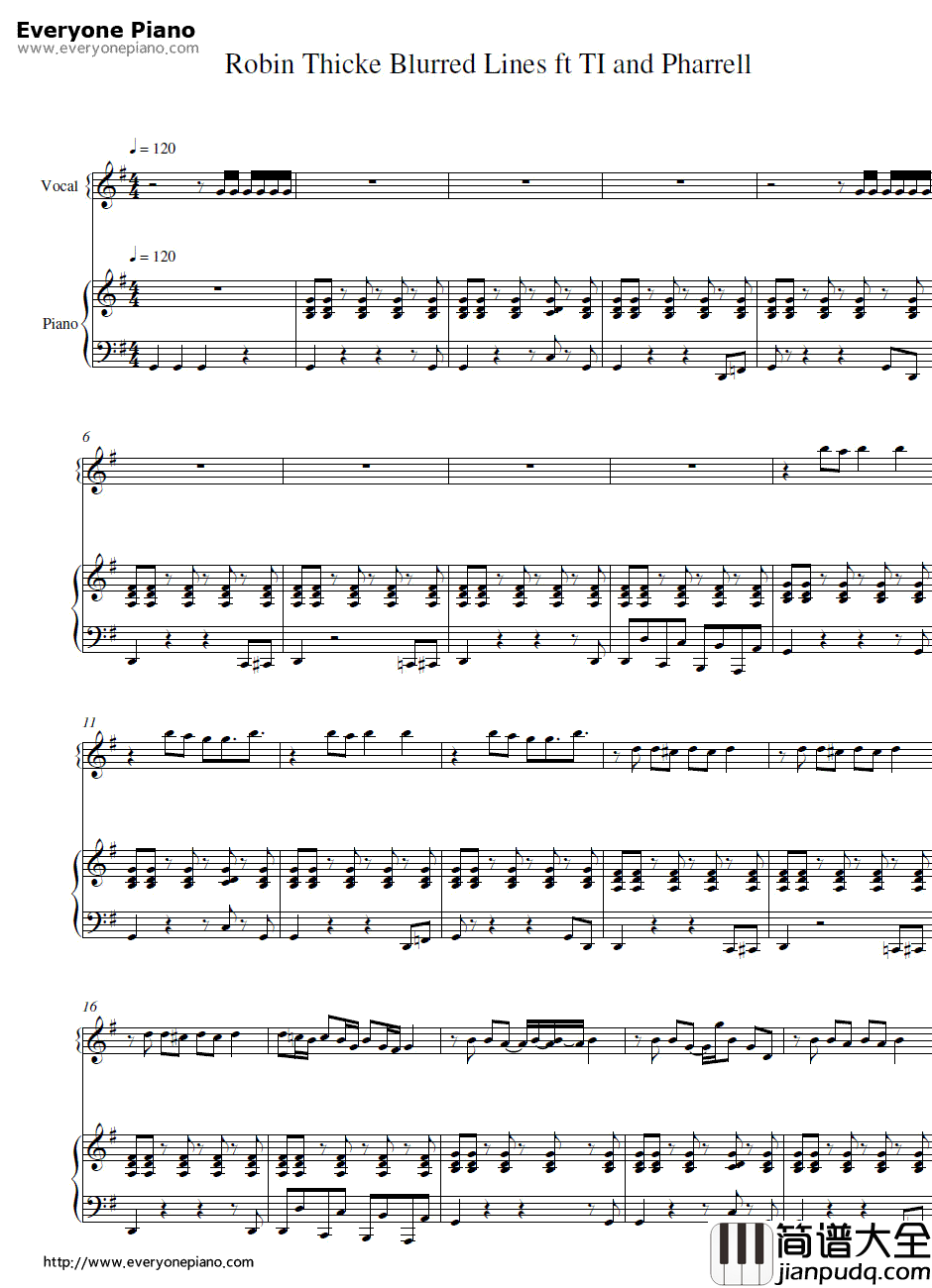 Blurred_Lines钢琴谱_Robin_Thicke_&_T.I._&_Pharrell