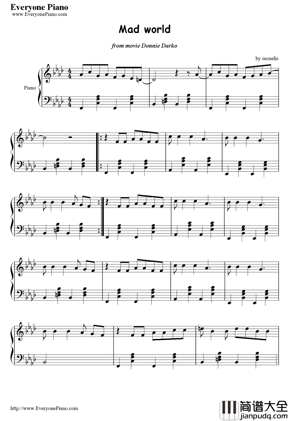 Mad_World-电影_死亡幻觉_主题曲钢琴谱_Tears_For_Fears