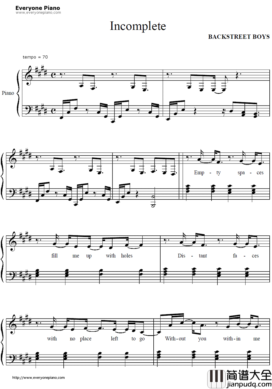 Incomplete钢琴谱_后街男孩（BackstreetBoys）