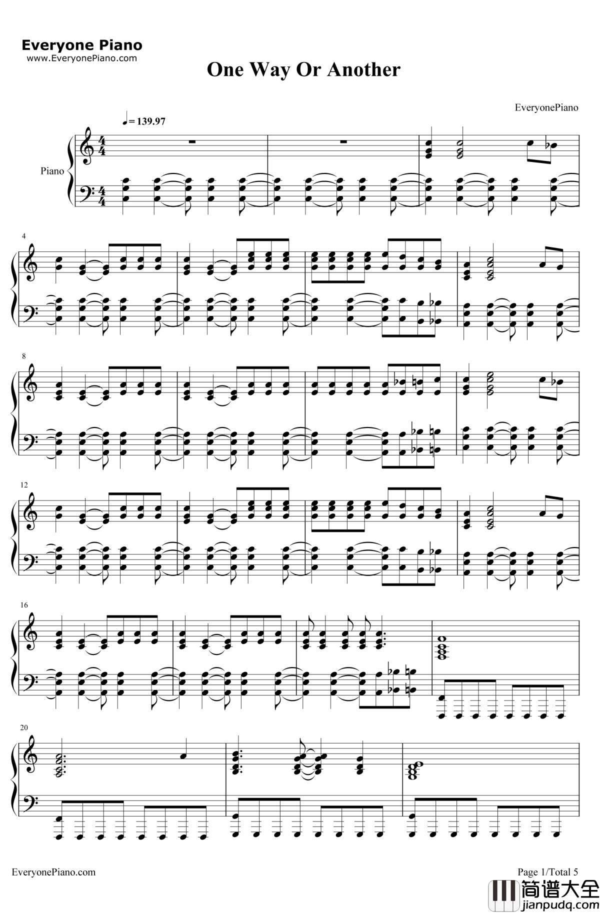 One_Way_Or_Another(TeenageKicks)钢琴谱_OneDirection