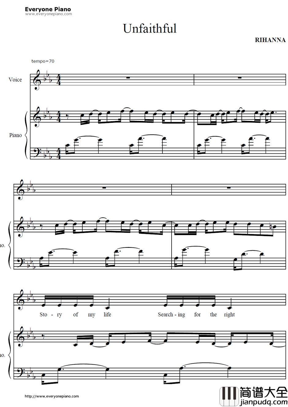 Unfaithful钢琴谱_Rihanna