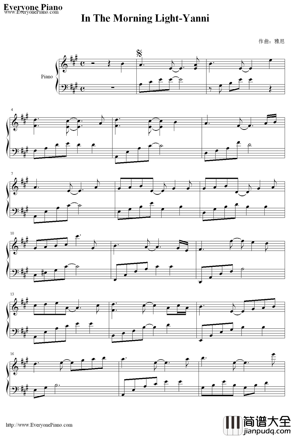 In_The_Morning_Light钢琴谱_雅尼（Yanni）