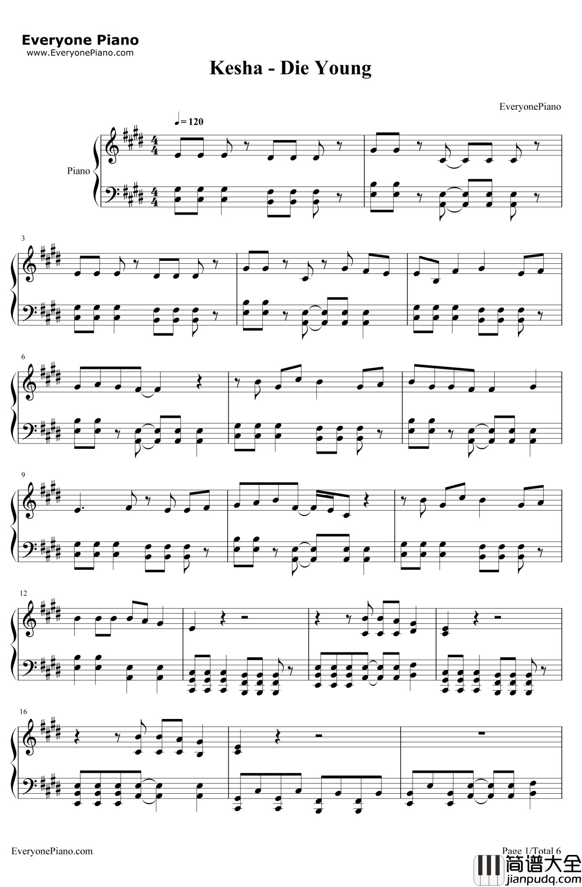 DieYoung钢琴谱_Kesha