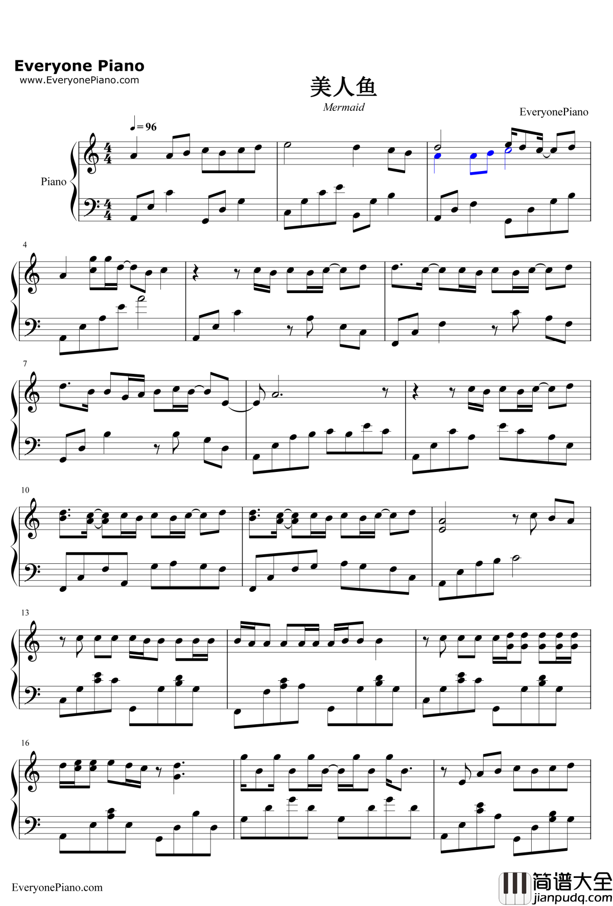 美人鱼钢琴谱_林俊杰