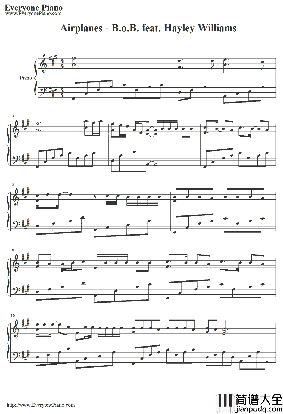 Airp_lanes钢琴谱_B.o.B.feat.HayleyWilliams