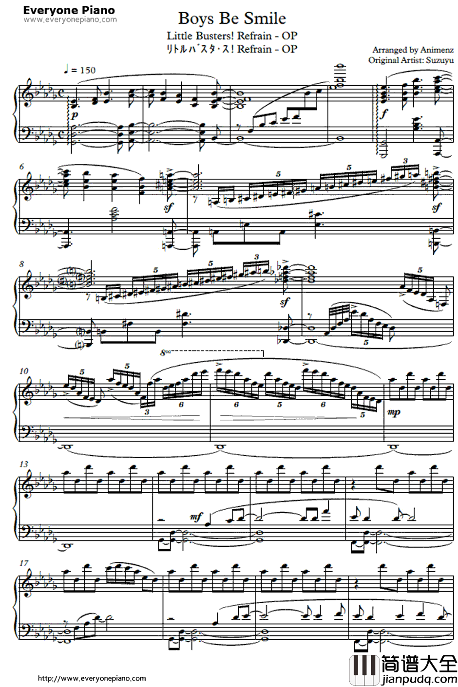BoysbeSmile钢琴谱_铃汤_LittleBustersRefrainOP