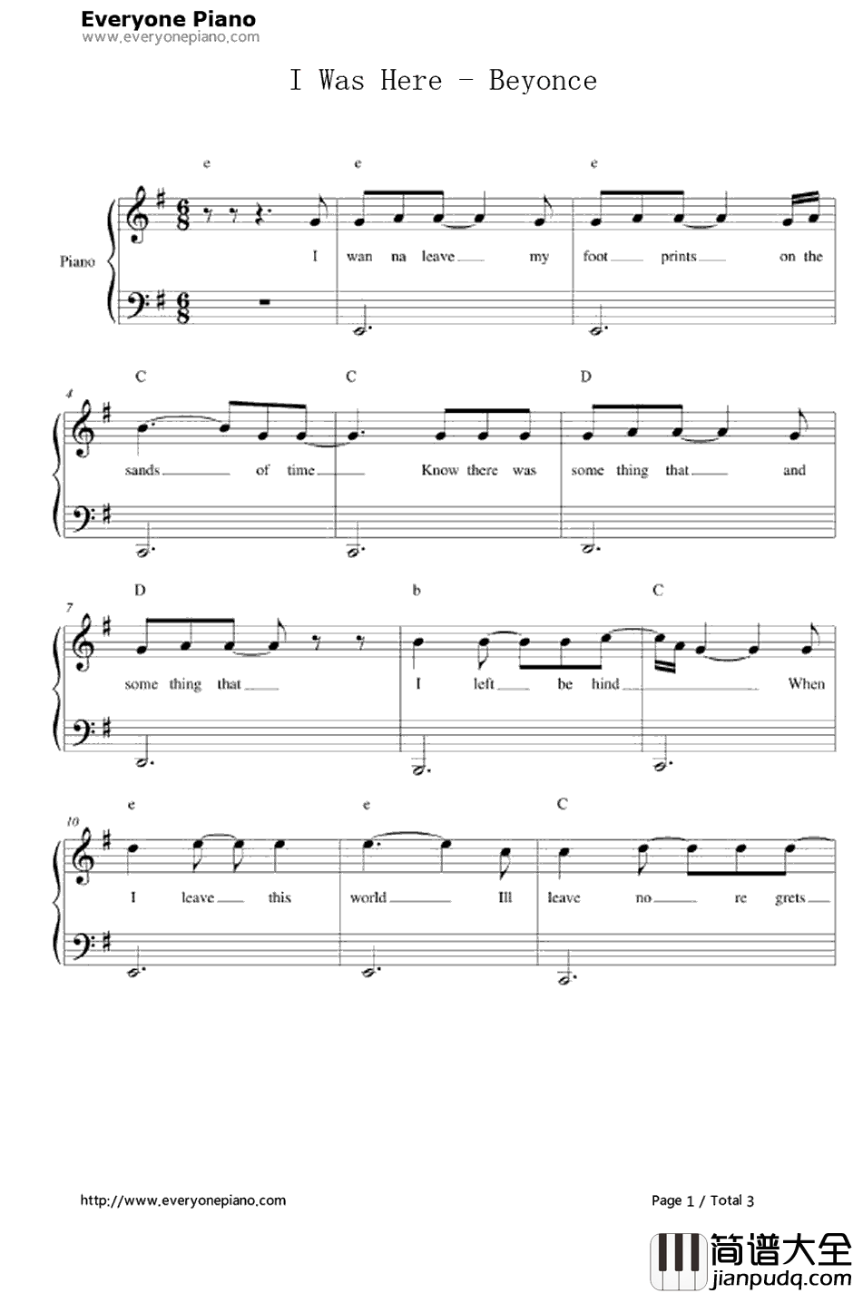 I_Was_Here钢琴谱_Beyonce