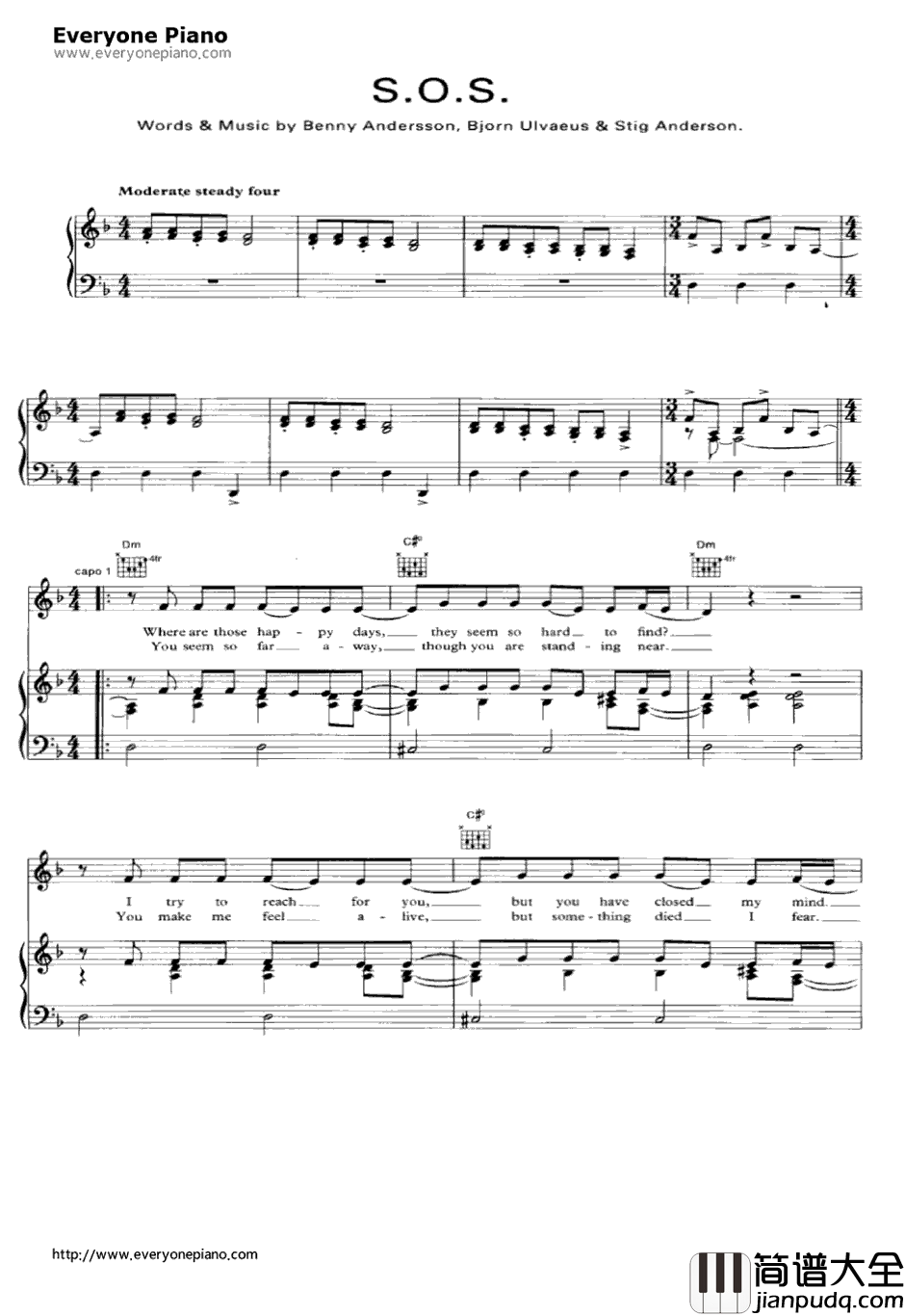 SOS钢琴谱_ABBA