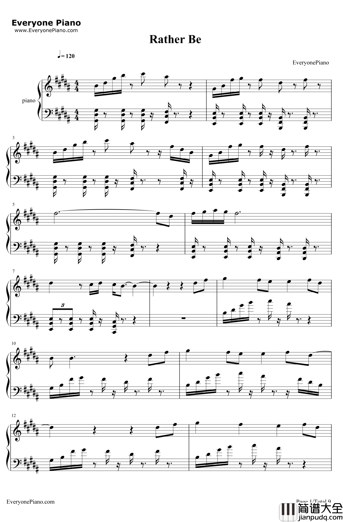 RatherBe钢琴谱_CleanBandit/JessGlynne