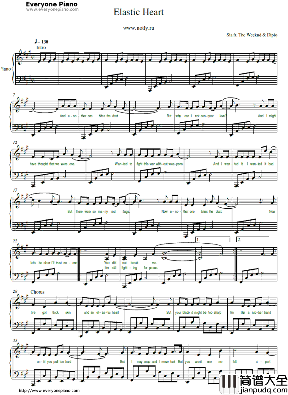 Elastic_Heart钢琴谱_Sia&TheWeeknd&Diplo_饥饿游戏：星火燎原OST