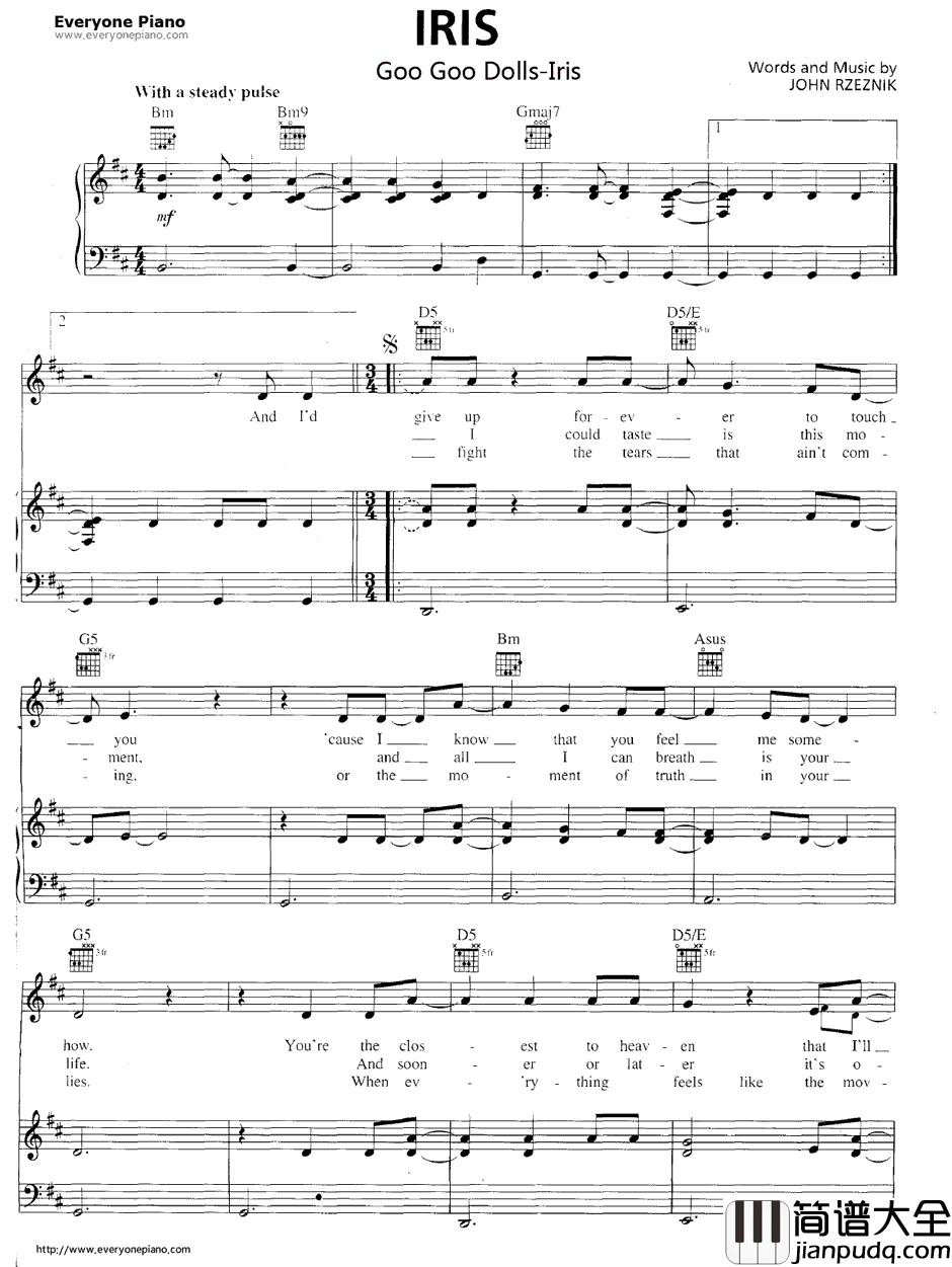 Iris钢琴谱_GooGooDolls_天使之城OST