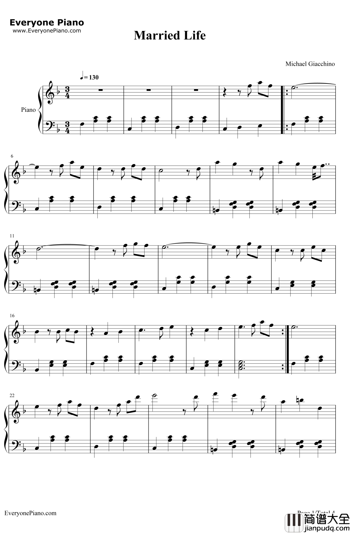 Married_Life钢琴谱_MichaelGiacchino_飞屋环游记OST