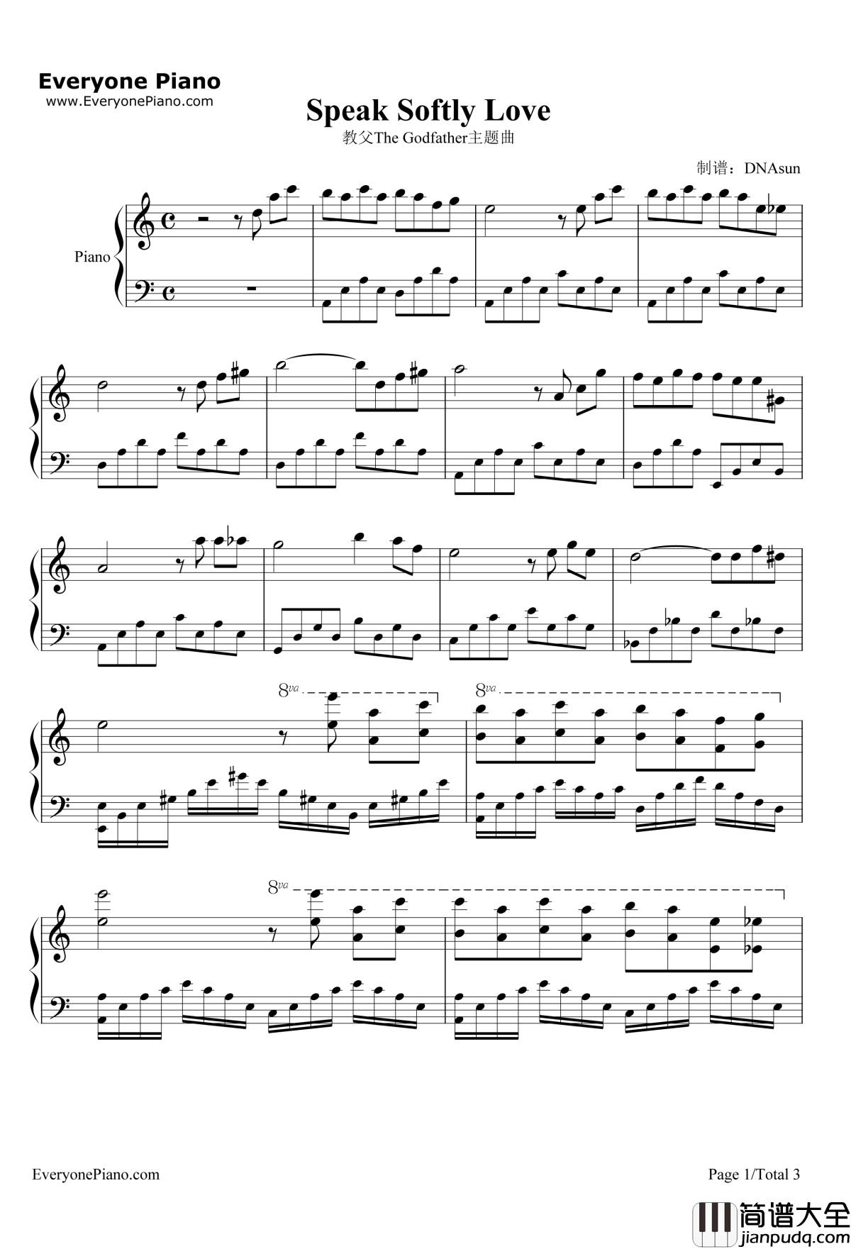 Speak_Softly_Love钢琴谱_AndyWilliams_教父TheGodfather主题曲