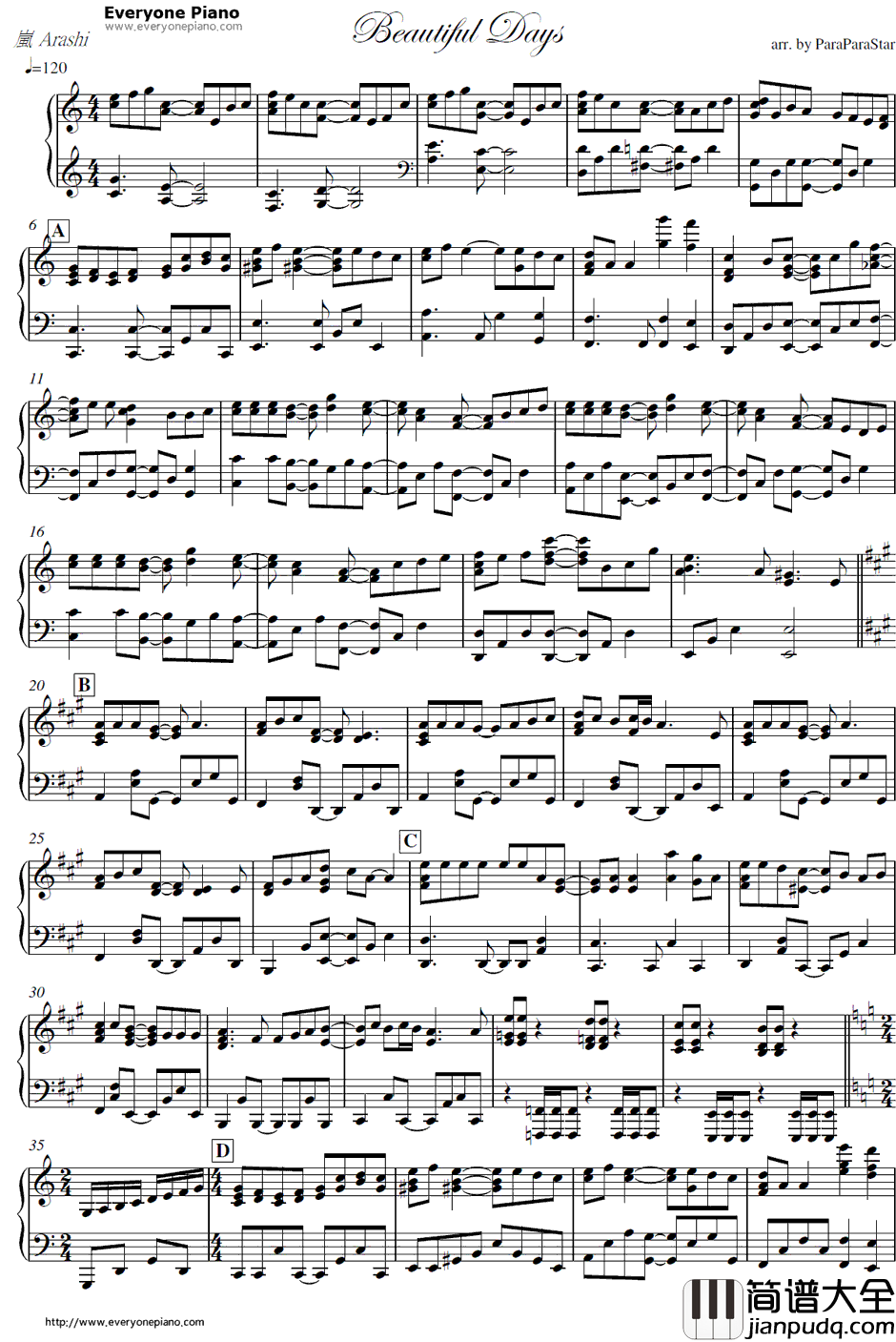 Beautiful_Days钢琴谱_岚_流星之绊主题曲