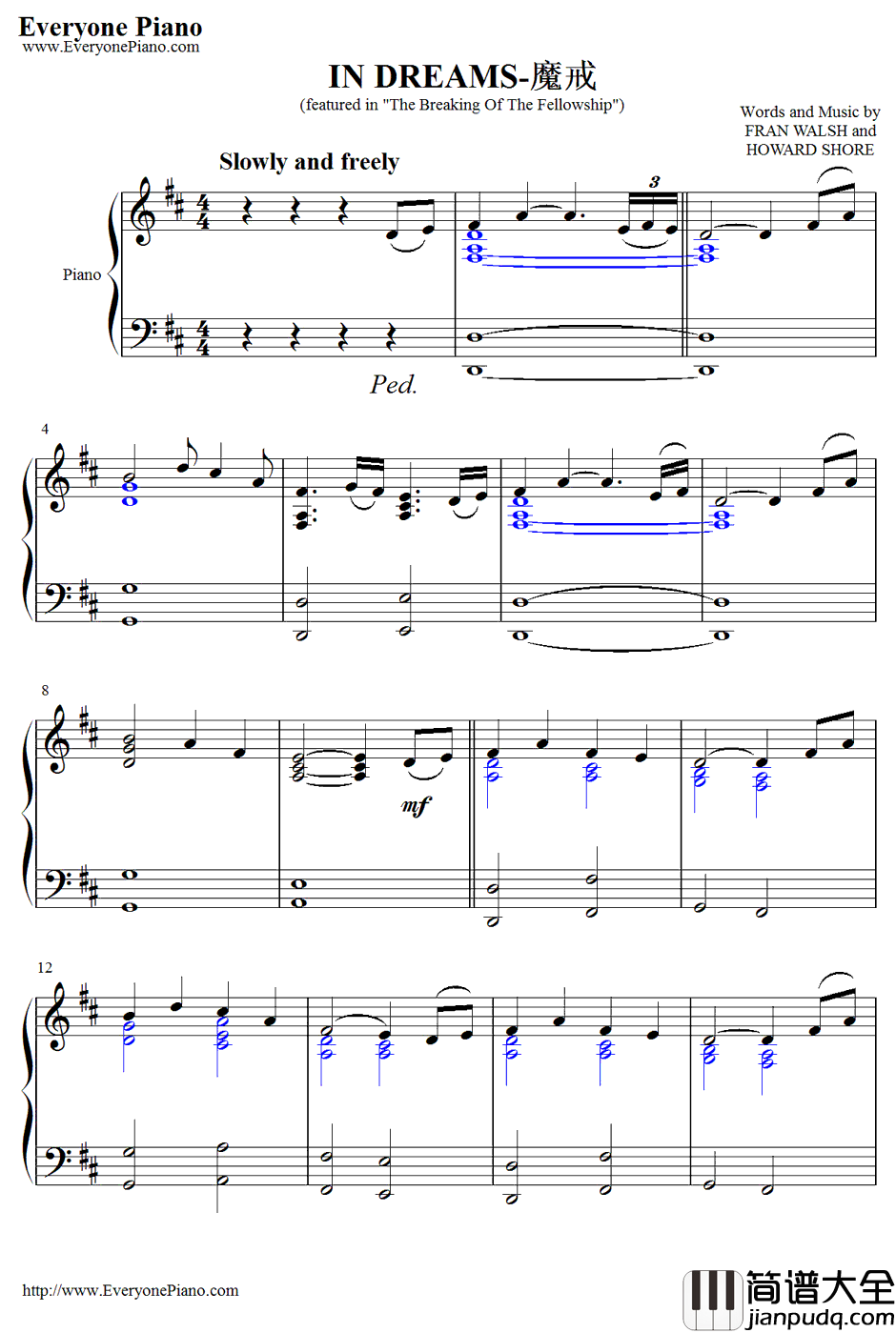 In_Dreams钢琴谱_HowardShore_指环王：护戒使者OST