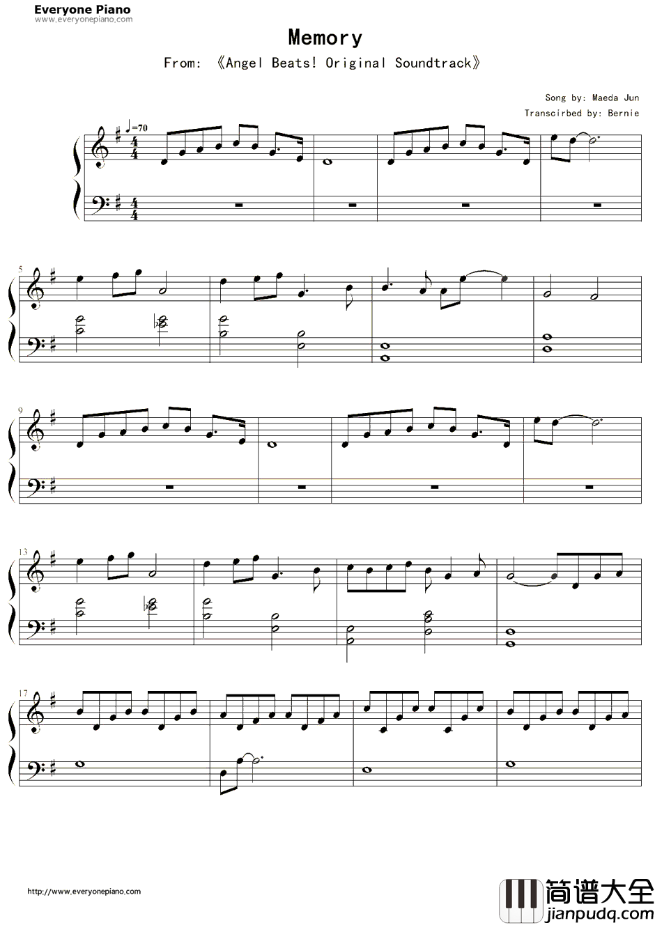 Memory钢琴谱_麻枝准_AngelBeats!OST