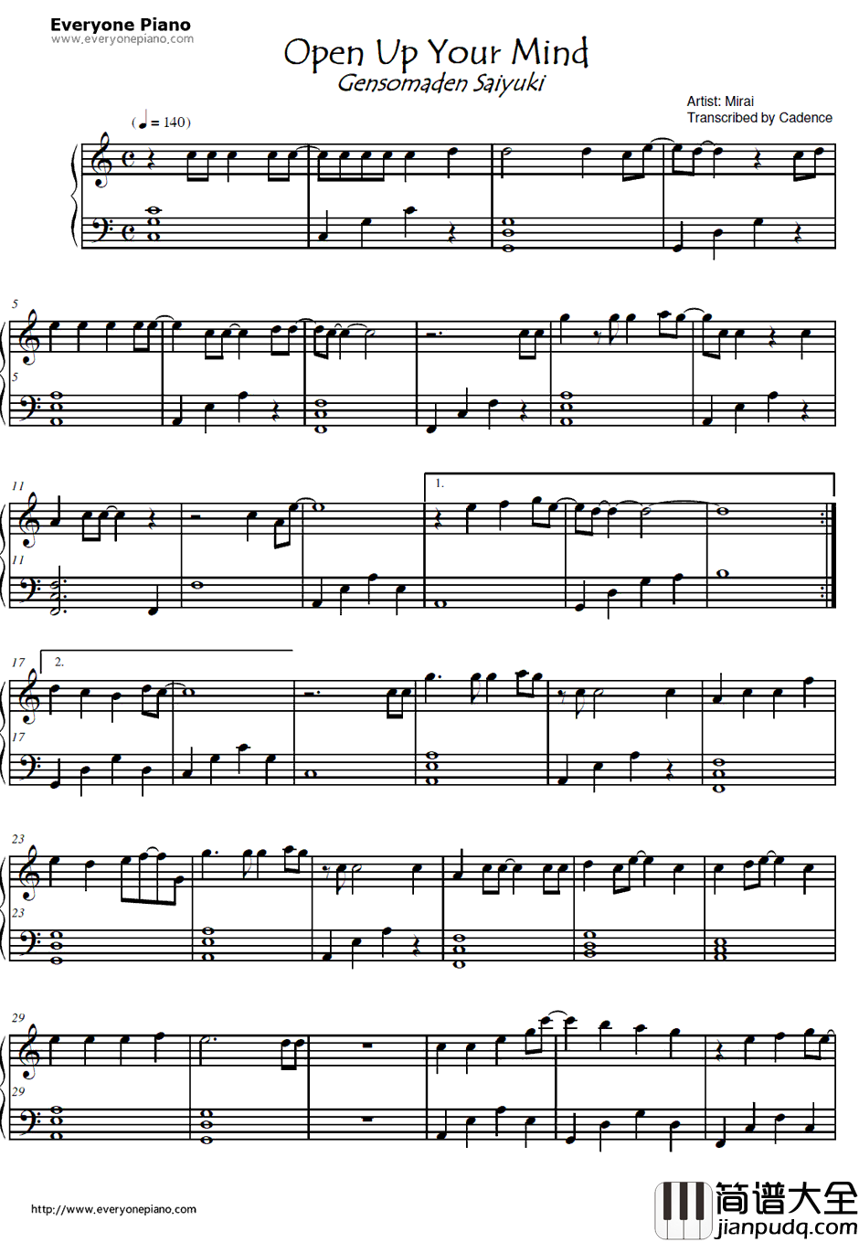 open_up_your_mind钢琴谱_mirai　_幻想魔传最游记插曲　