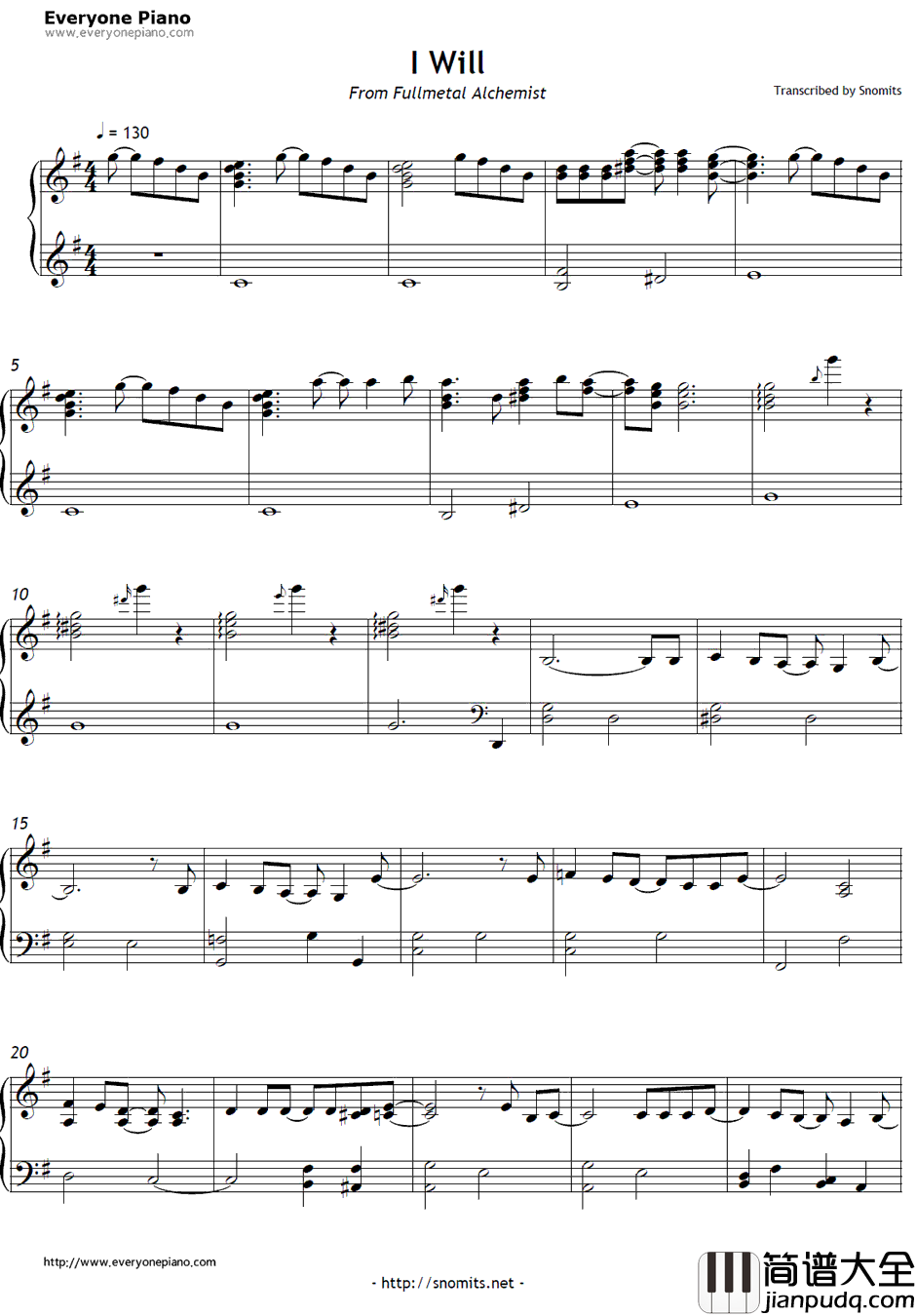 I_Will钢琴谱_Sowelu_钢之炼金术师ED4