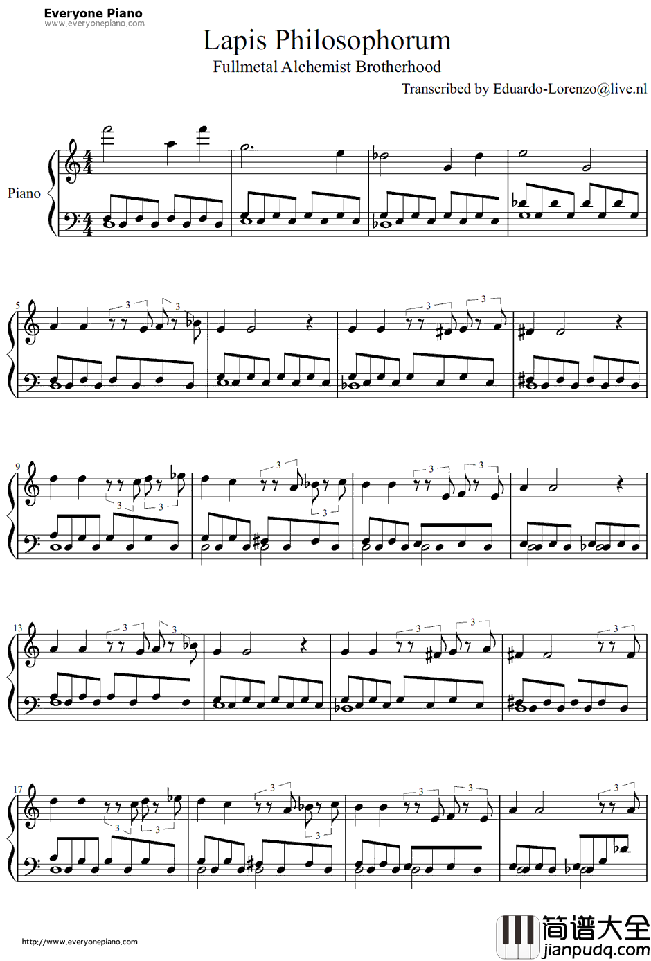 Lapis_Philosophorum钢琴谱_クワイア千住明_钢之炼金术师FULLMETALALCHEMIST插曲
