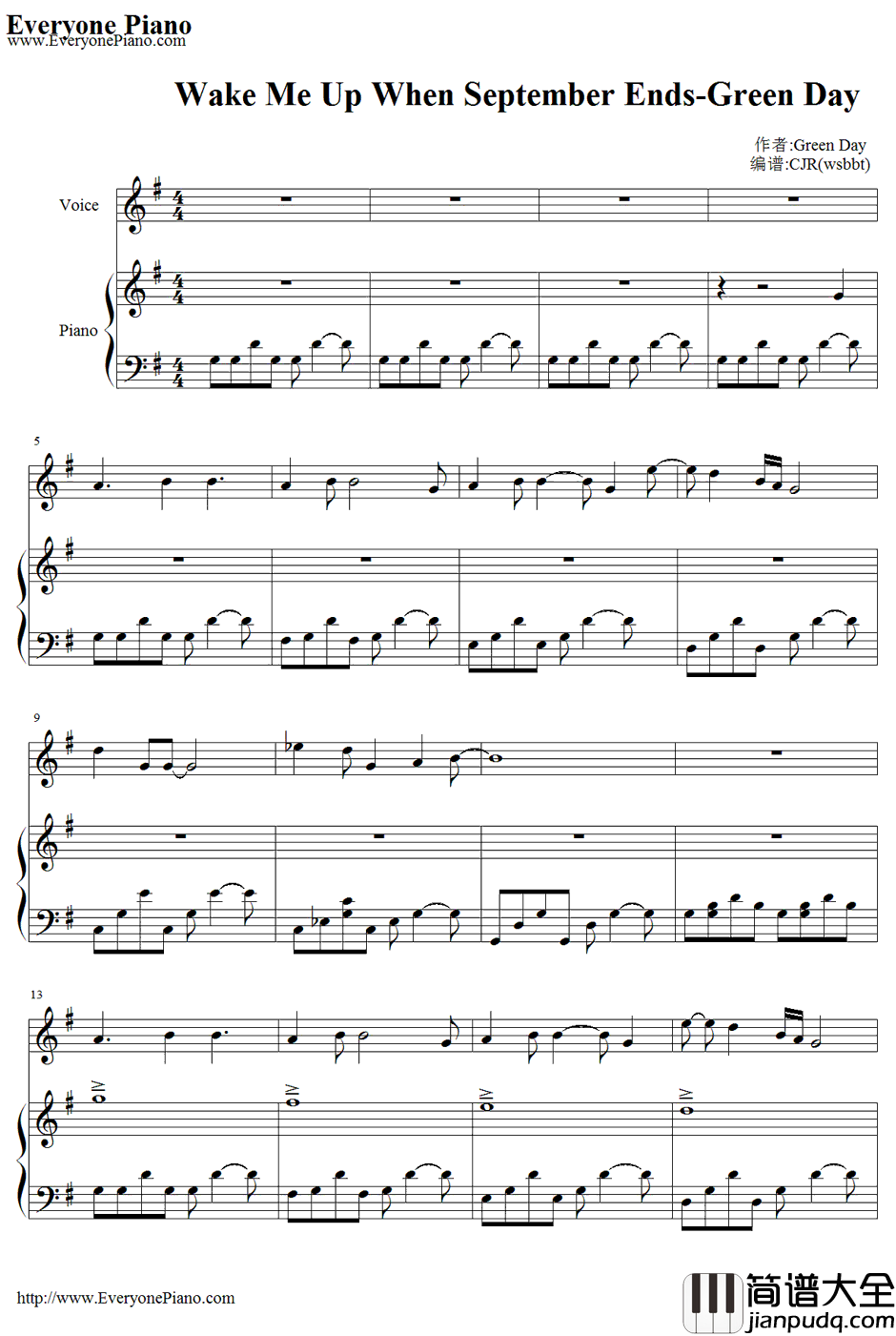 Wake_Me_Up_When_September_Ends钢琴谱_GreenDay（绿日乐队）