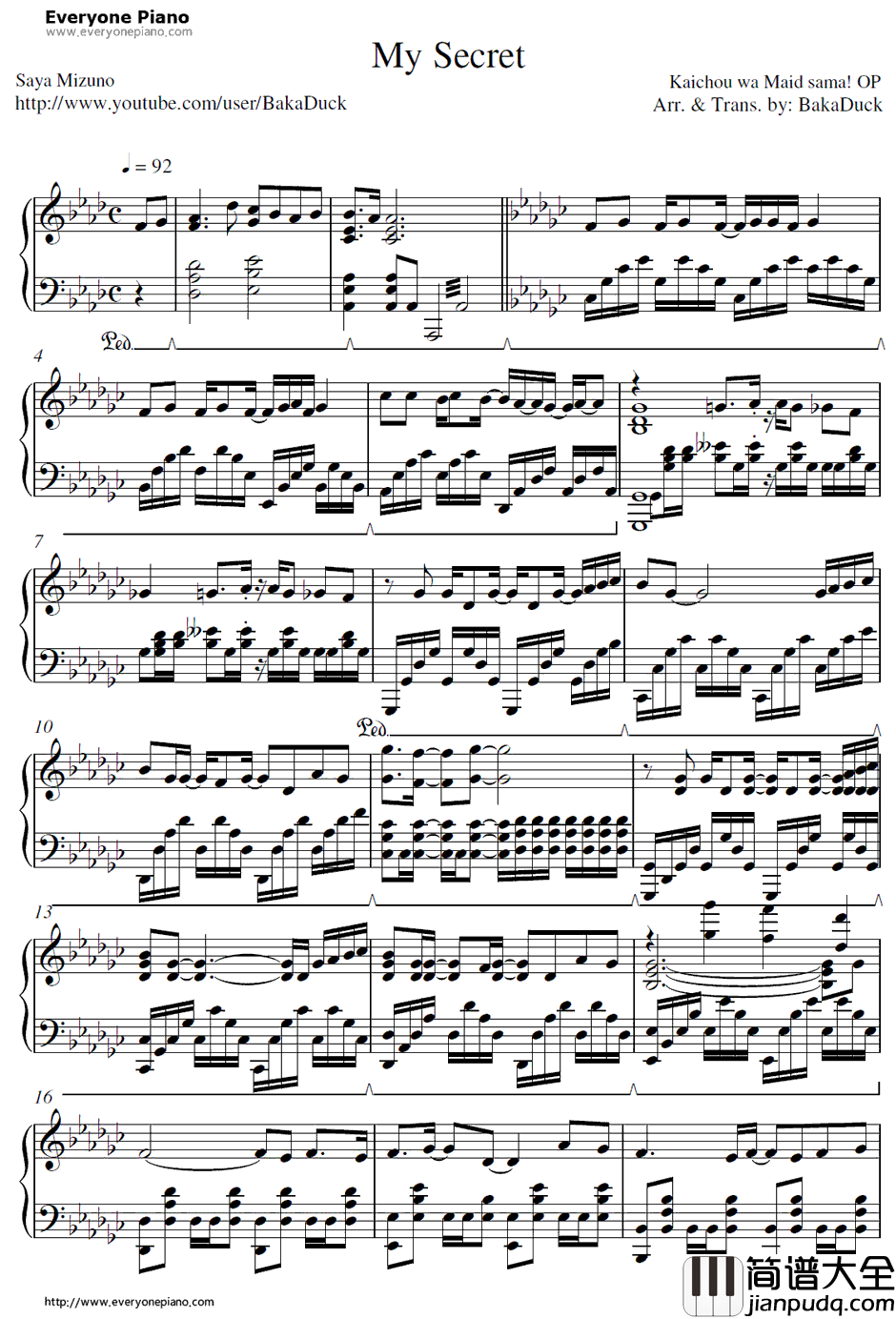 My_Secret钢琴谱_水野佐彩_会长是女仆大人!OP