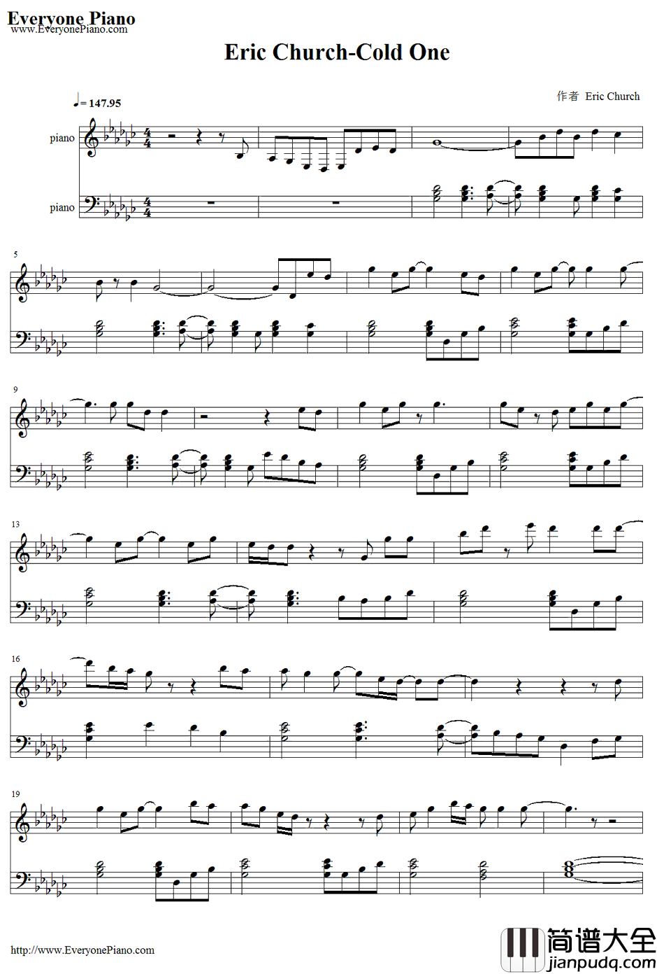 Cold_One钢琴谱_EricChurch