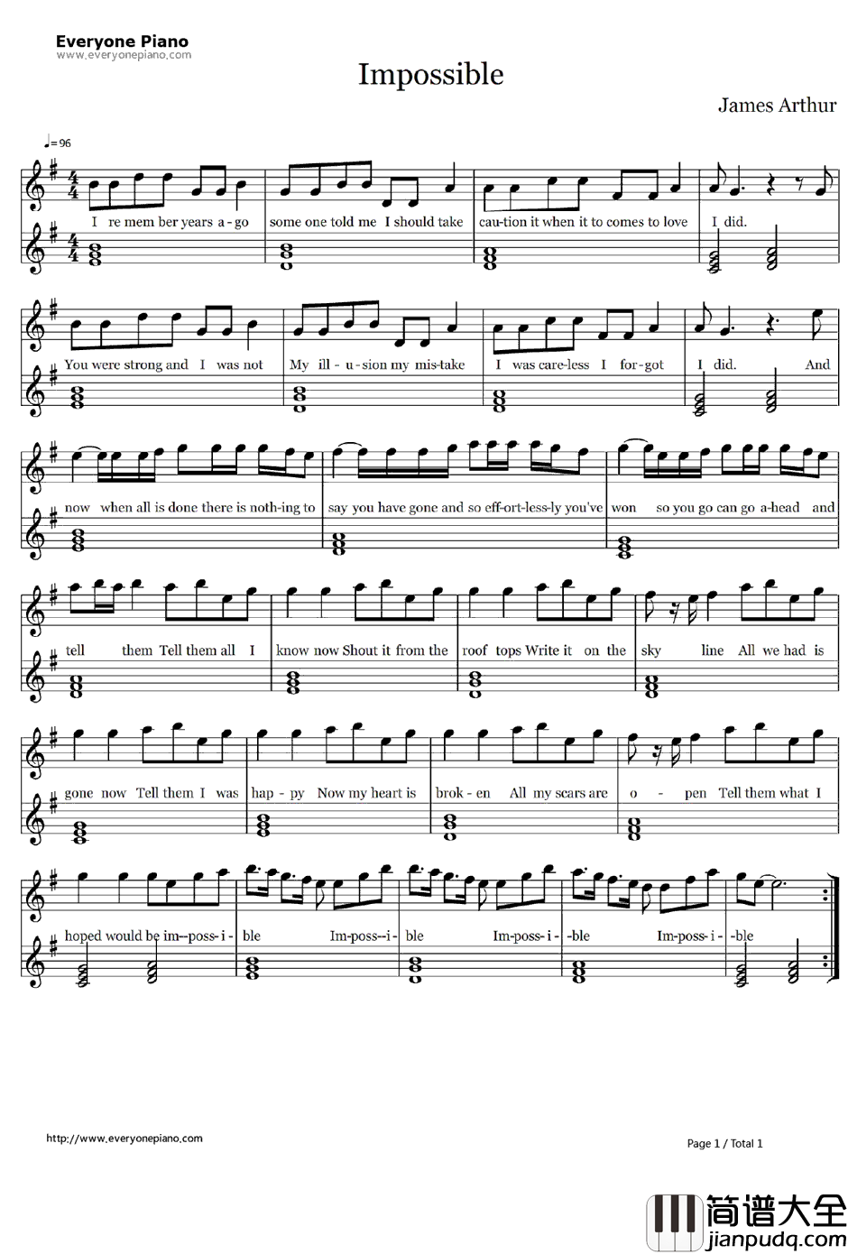 Impossible钢琴谱_JamesArthur