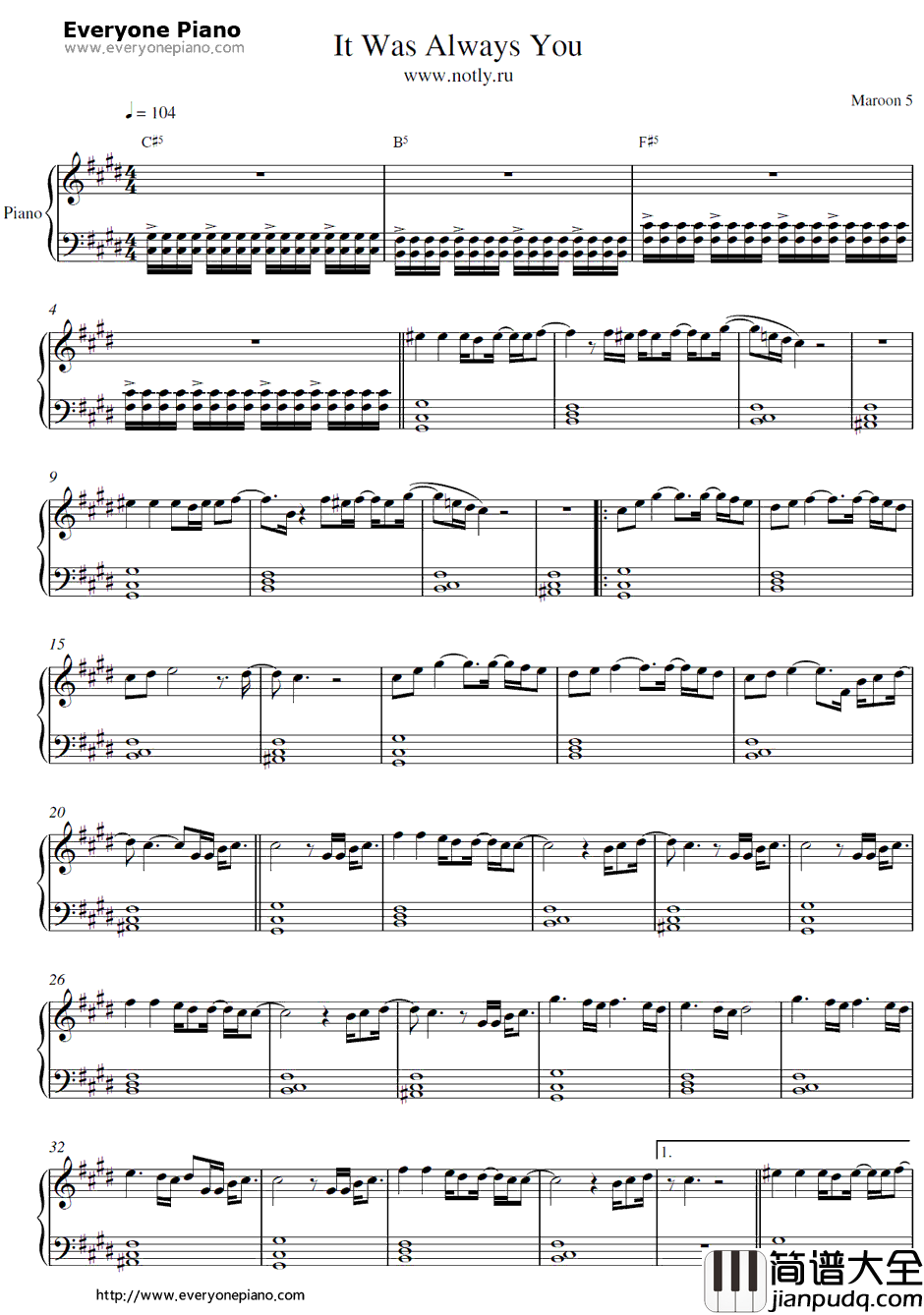 It_Was_Always_You钢琴谱_Maroon5