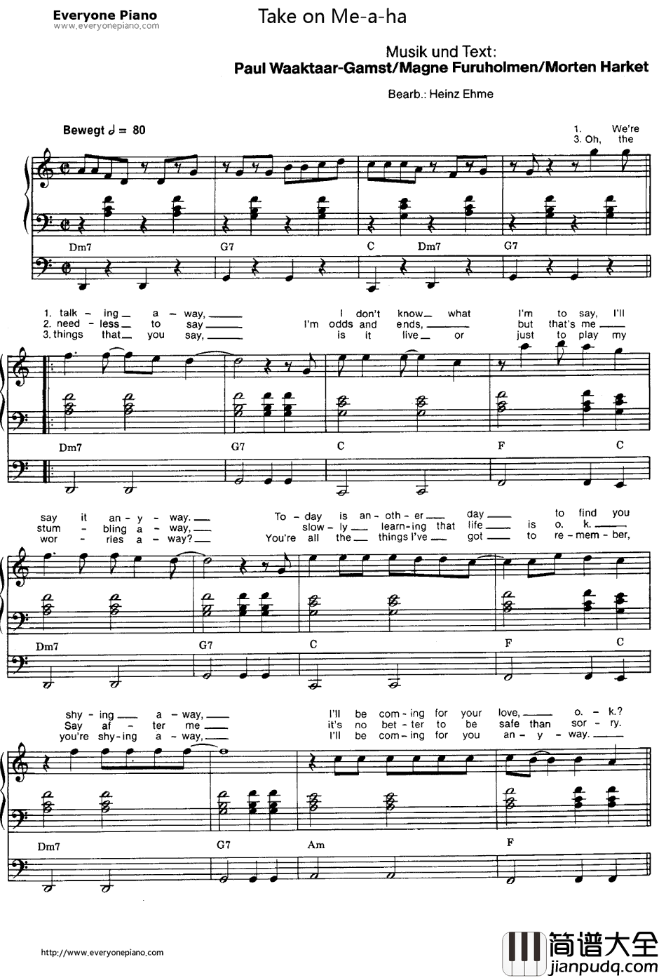 Take_On_Me钢琴谱_A_ha