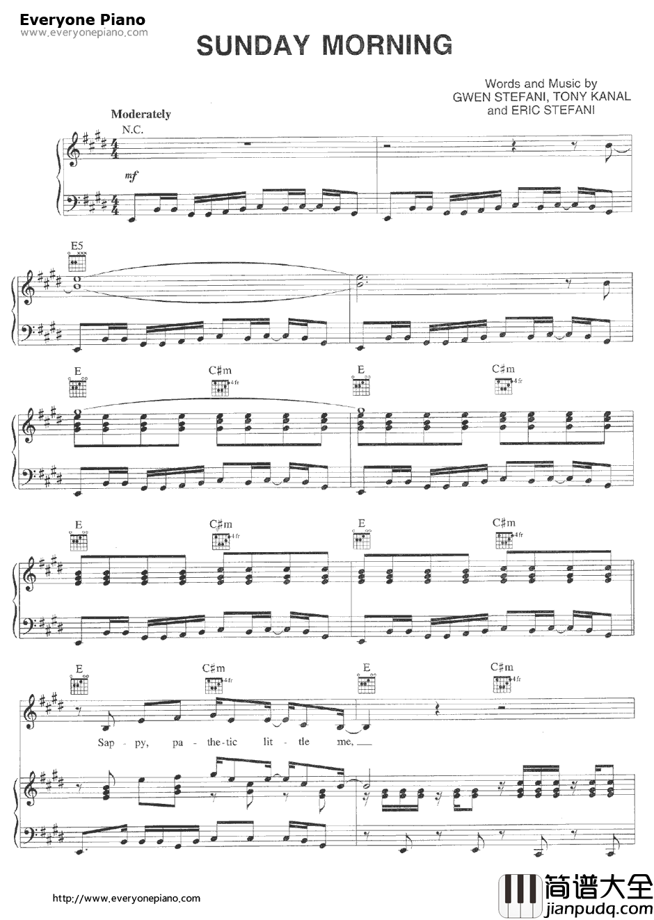 Sun_day_Morning钢琴谱_NoDoubt