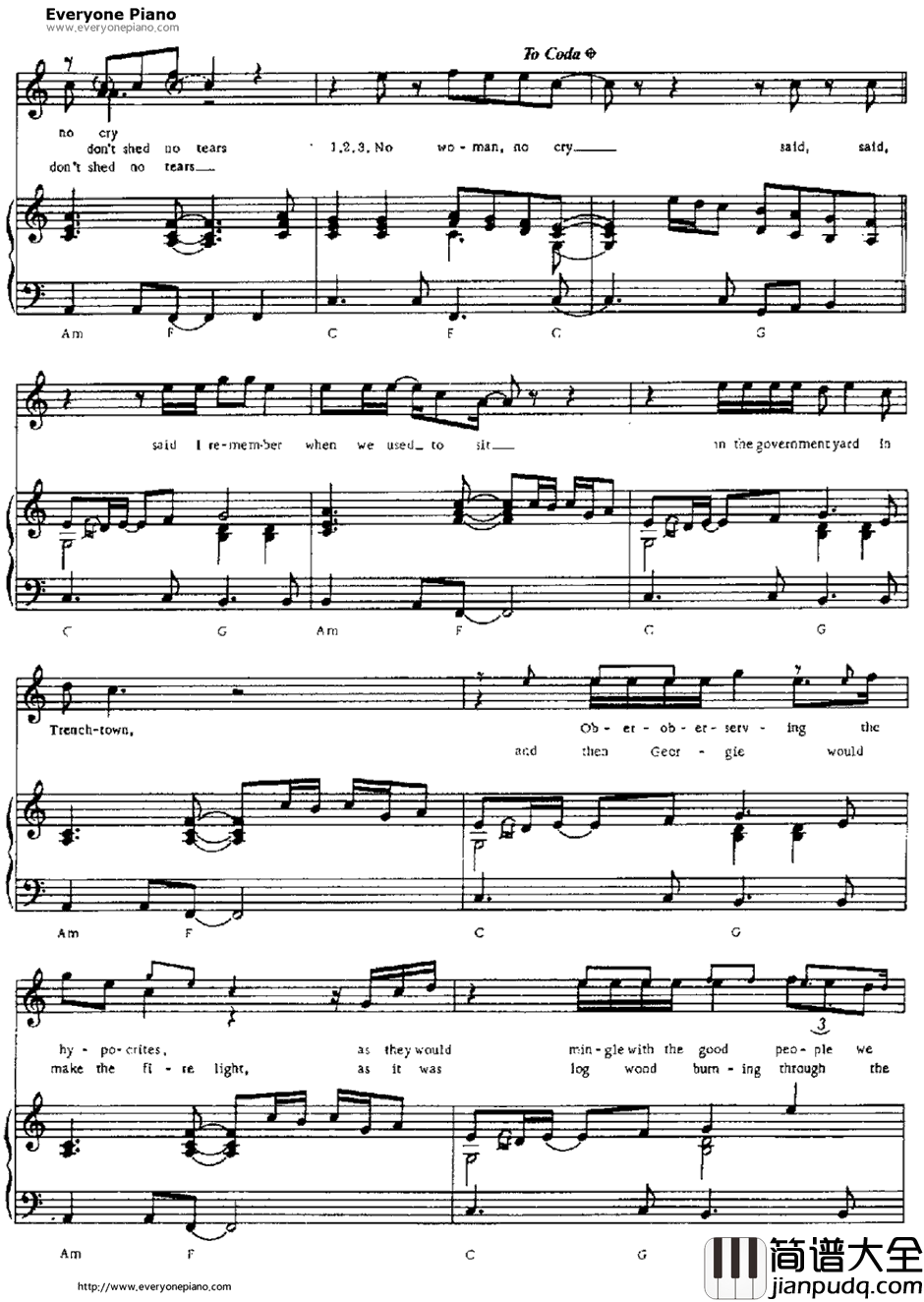 No_Woman_No_Cry钢琴谱_BobMarley&theWailers