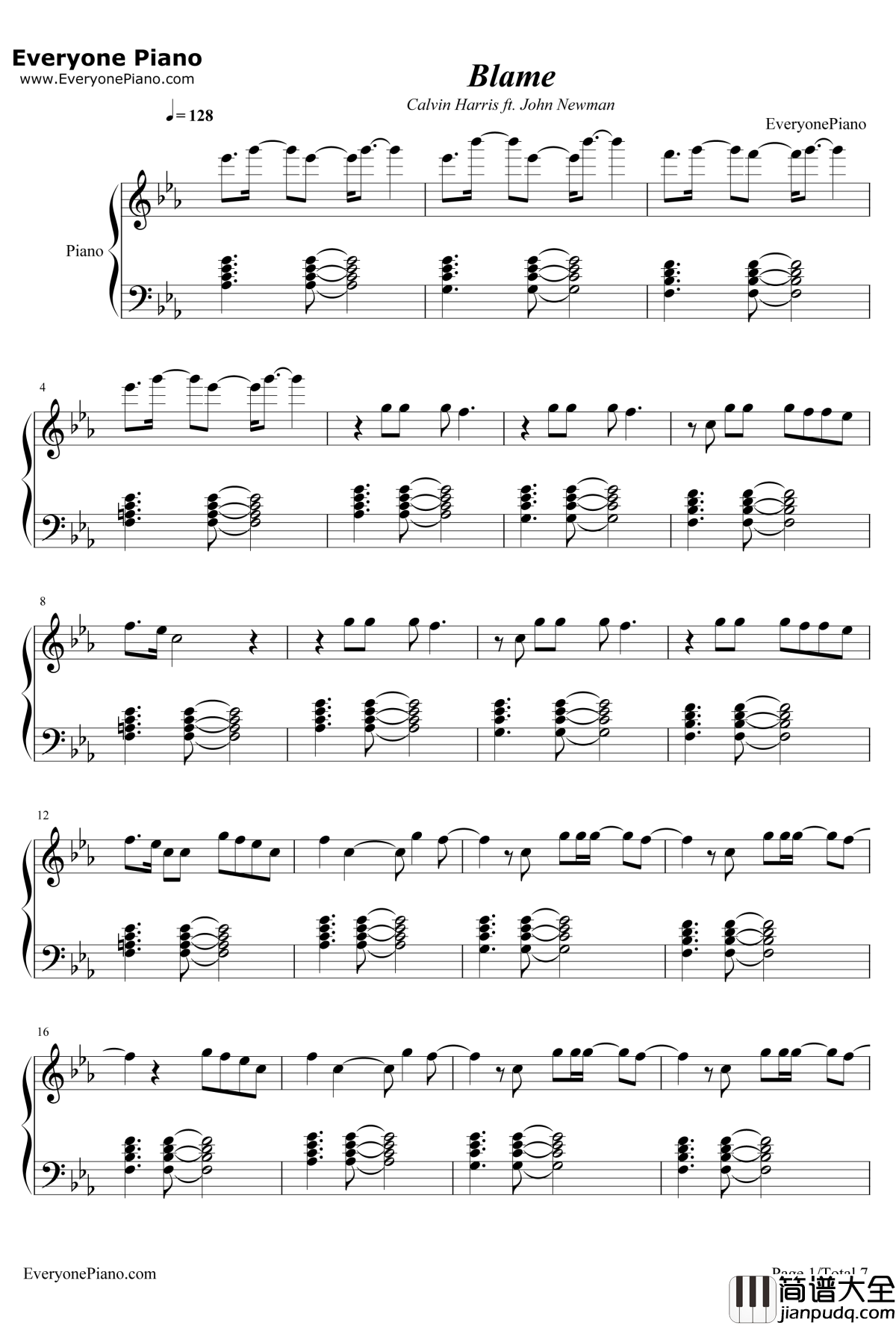 Blame钢琴谱_CalvinHarrisft.JohnNewman