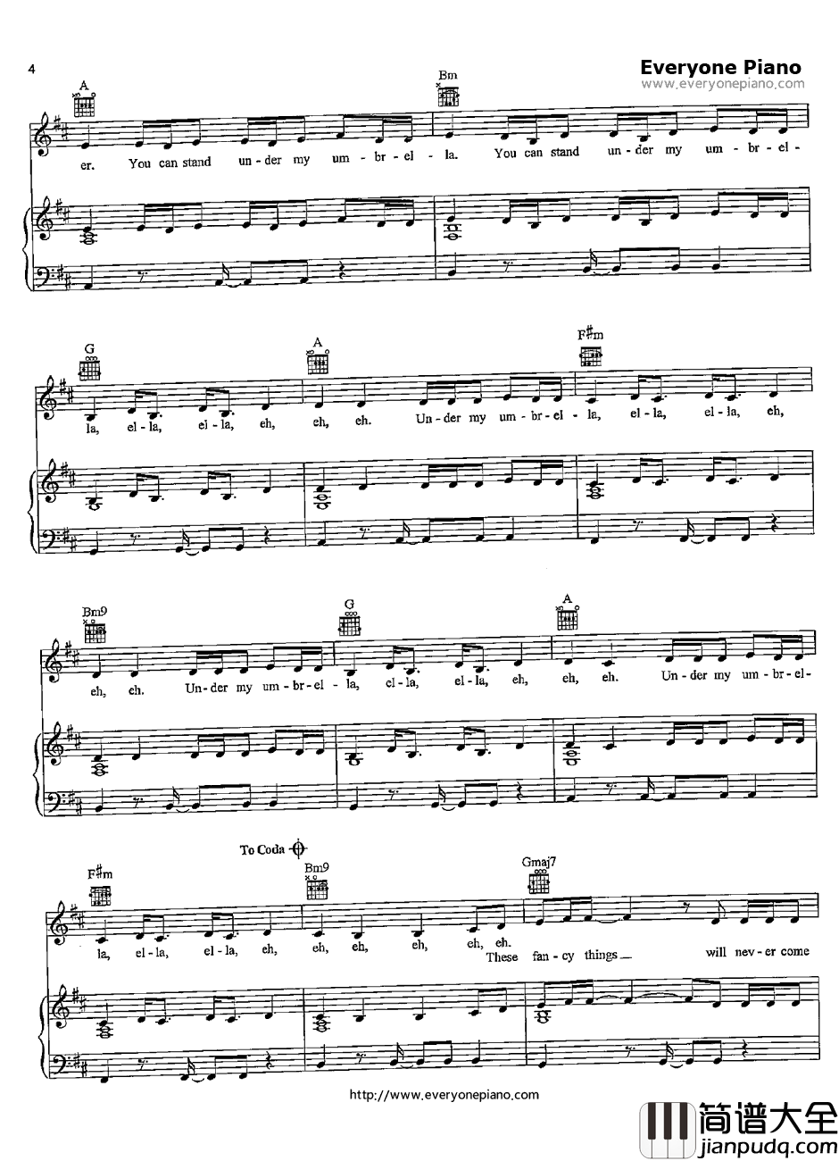 Umbrella钢琴谱_Rihanna　