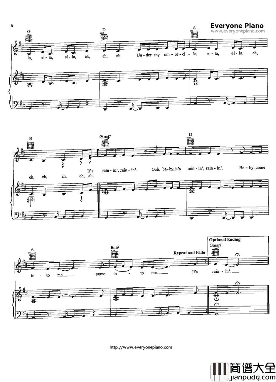 Umbrella钢琴谱_Rihanna　