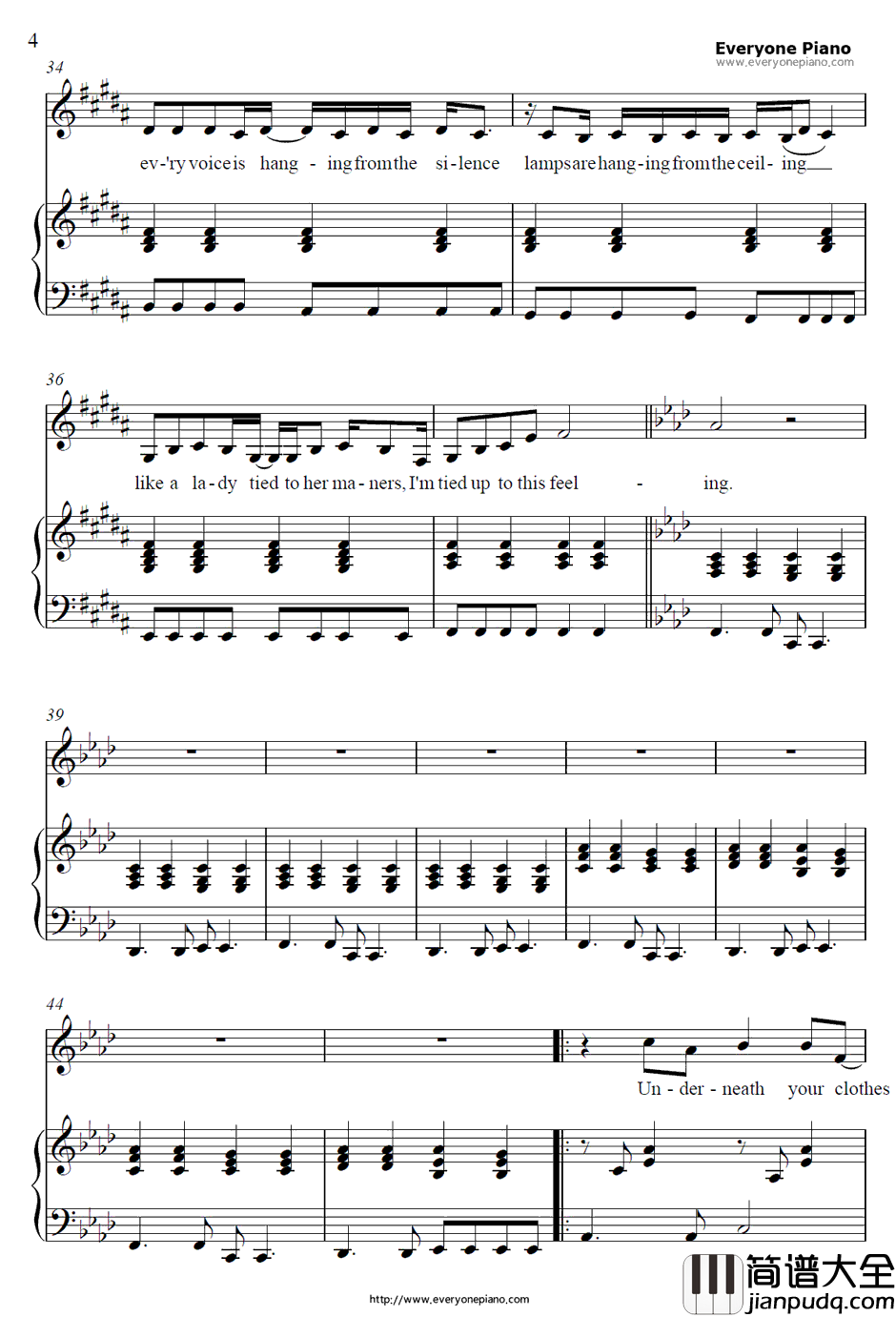 Underneath_Your_Clothes钢琴谱_Shakira