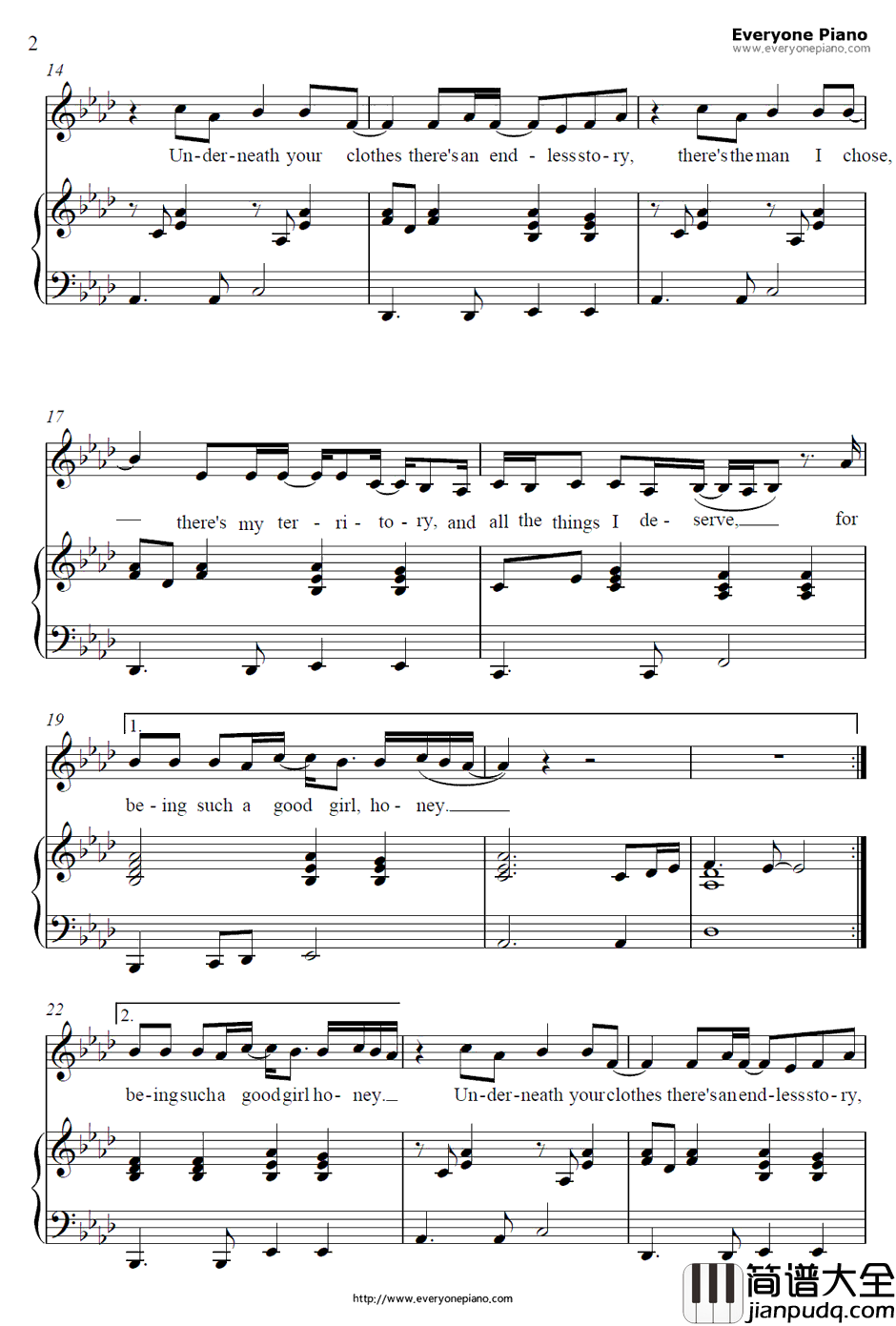 Underneath_Your_Clothes钢琴谱_Shakira