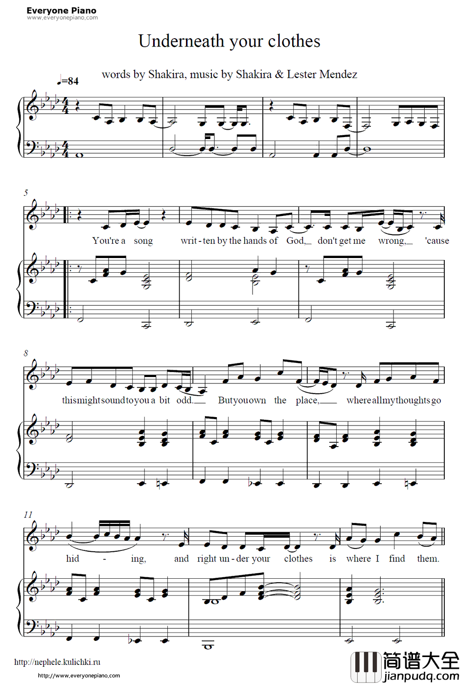 Underneath_Your_Clothes钢琴谱_Shakira