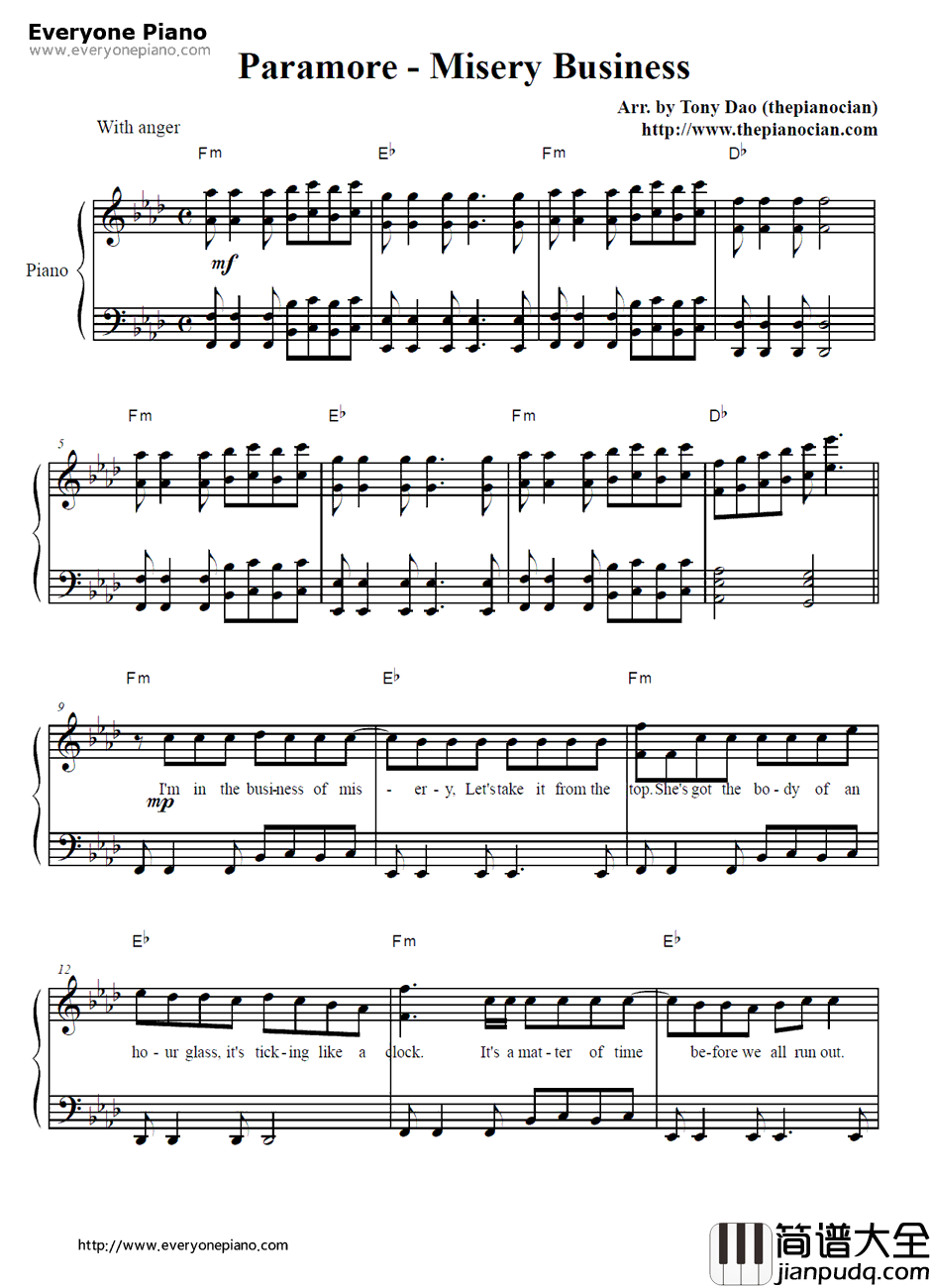 Misery_Business钢琴谱_Paramore