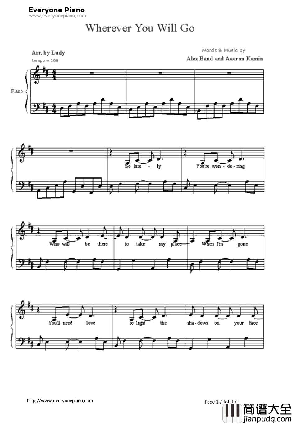Wher_ever_You_Will_Go钢琴谱_TheCalling