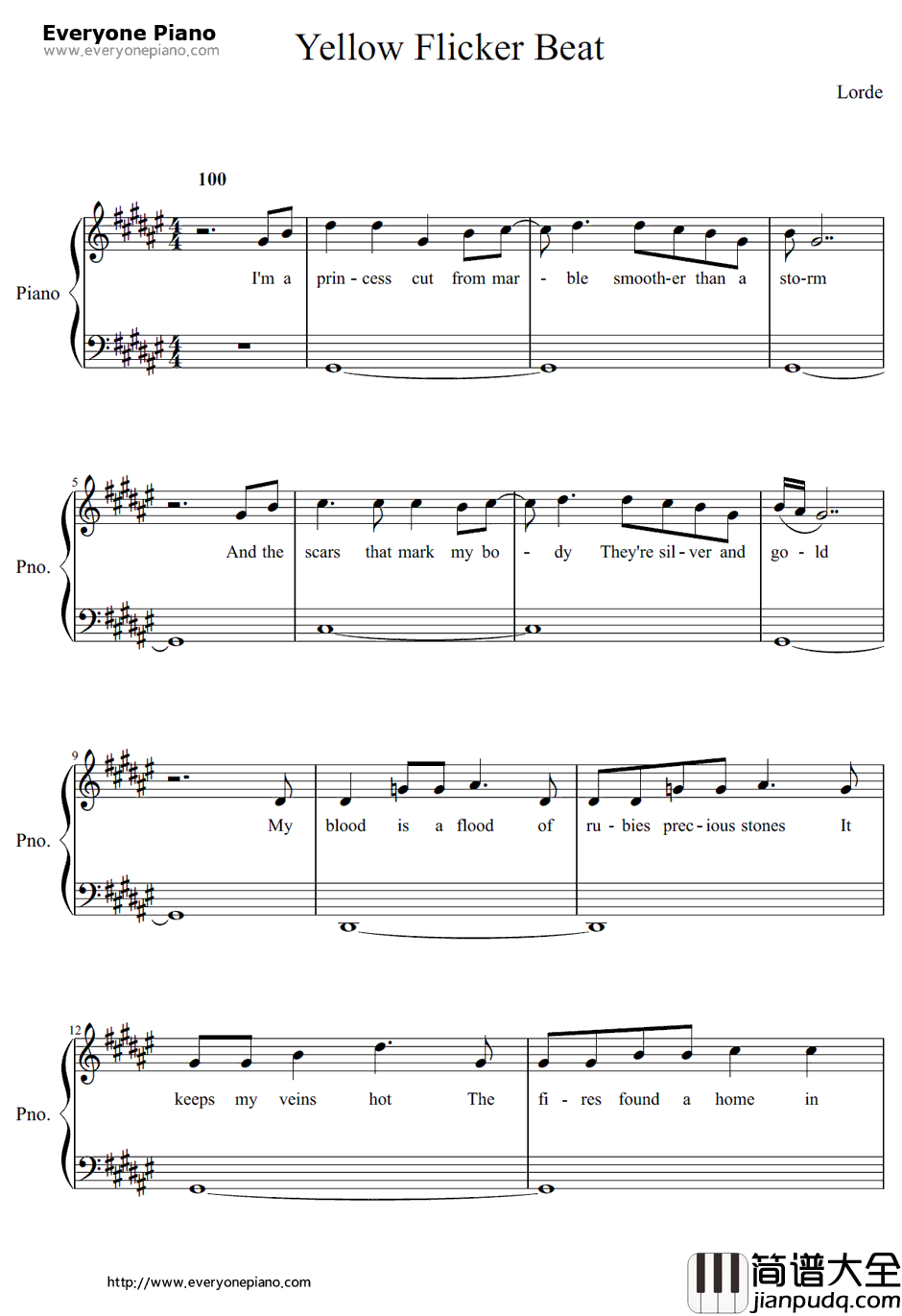 Yellow_Flicker_Beat钢琴谱_Lorde_饥饿游戏3：嘲笑鸟（上）主题曲