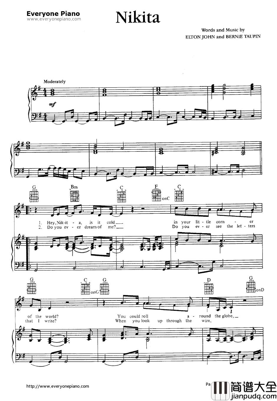 Nikita钢琴谱_EltonJohn　艾尔顿·约翰　